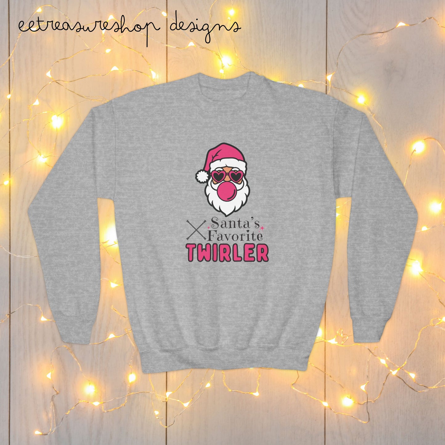 Santa's Favorite Twirler Youth Crewneck Sweatshirt, Christmas Gift for Baton Twirler Daughter, Cute Gift for Twirl Friend