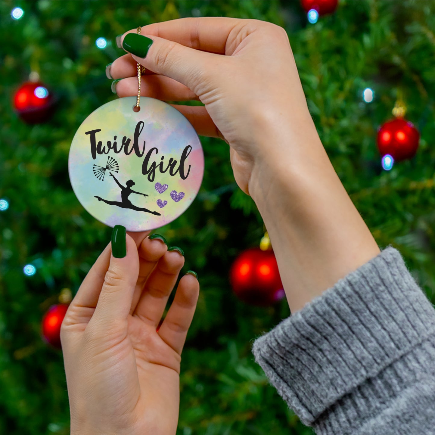 Twirl Girl Ceramic Ornament, Circle Baton Twirler Christmas Ornament, Twirler Gift, Christmas Tree Decoration, Holiday Ornament