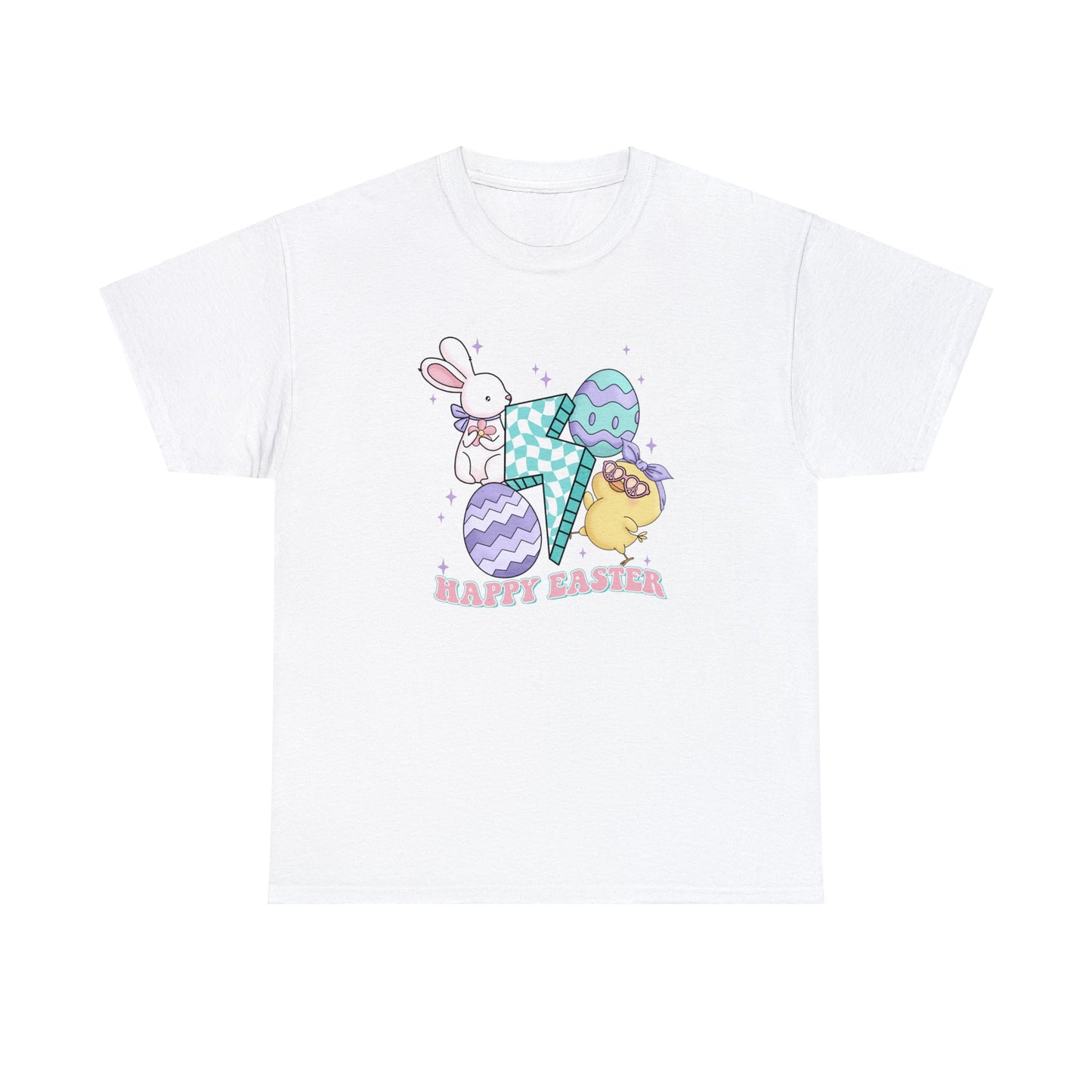 Happy Easter Cute Retro Unisex Heavy Cotton Tee, Lightning Bolt Chick Bunny, Easter Gift for Teenage Daughter