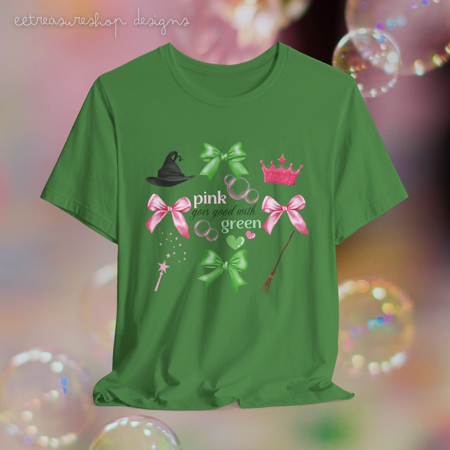 Witch Princess Tee, Pink Green Bows, Musical Fan Gift, Unisex Jersey Shirt, Witch Hat Shirt, Bubble Tee