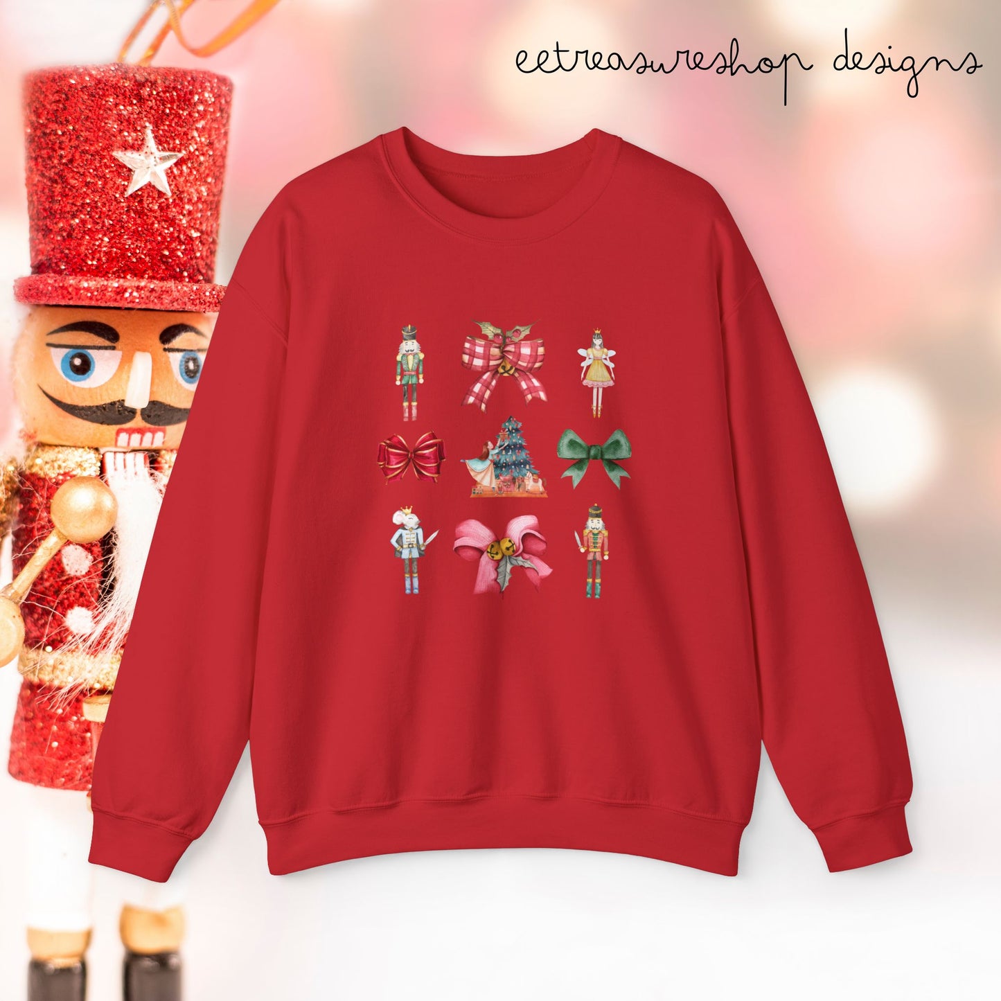 Nutcracker Christmas Bows Sweatshirt, Holiday Crewneck, Festive Xmas Pullover, Winter Sweater Top, Seasonal Clothing