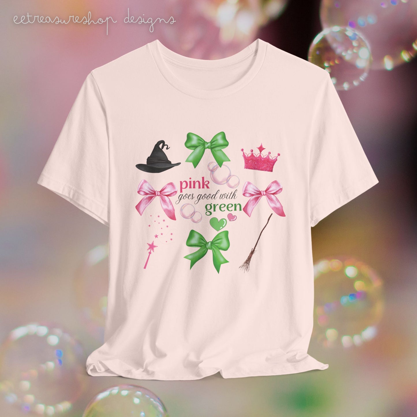 Witch Princess Tee, Pink Green Bows, Musical Fan Gift, Unisex Jersey Shirt, Witch Hat Shirt, Bubble Tee