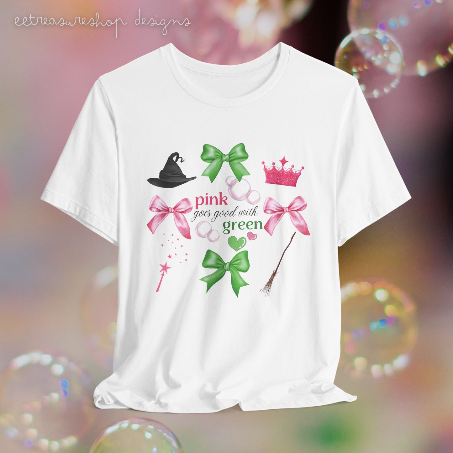 Witch Princess Tee, Pink Green Bows, Musical Fan Gift, Unisex Jersey Shirt, Witch Hat Shirt, Bubble Tee