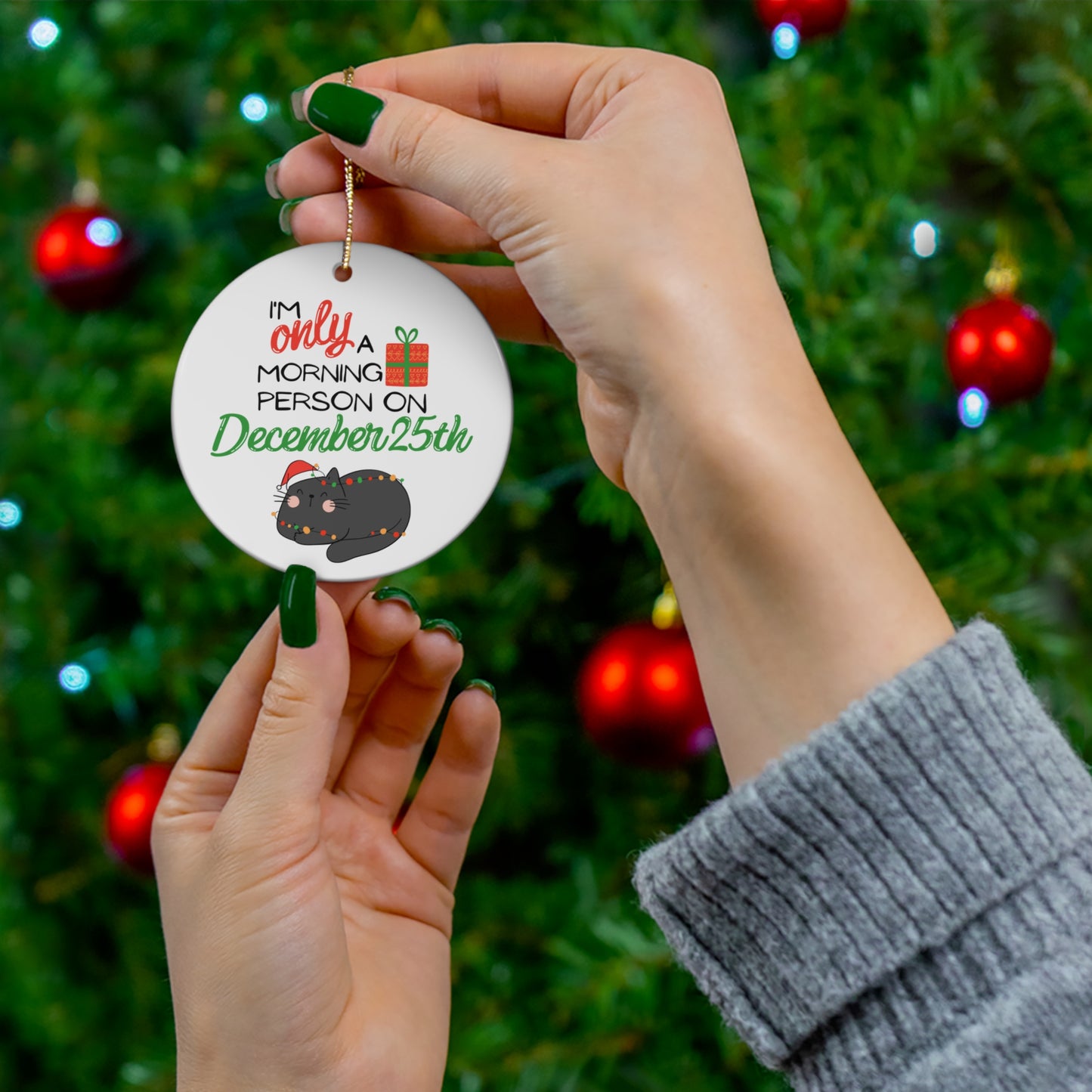 Cat Morning Person Ceramic Christmas Ornament, Circle, Snowflake Cat Christmas Ornament, Cat Mom Christmas Gift