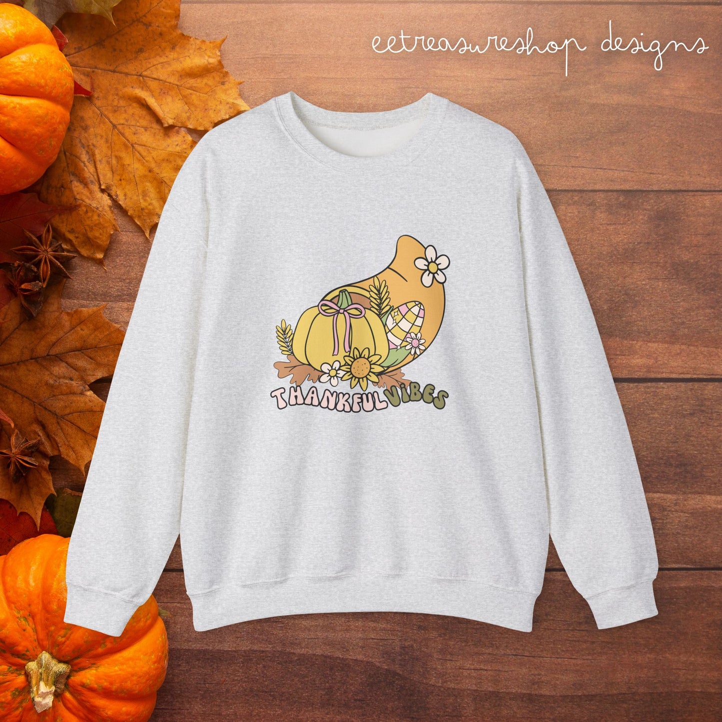 Thankful Vibes Thanksgiving Sweatshirt, Cute Crewneck Jumper, Fun Unisex Pullover, Gratitude Gift, Cozy Fall Apparel