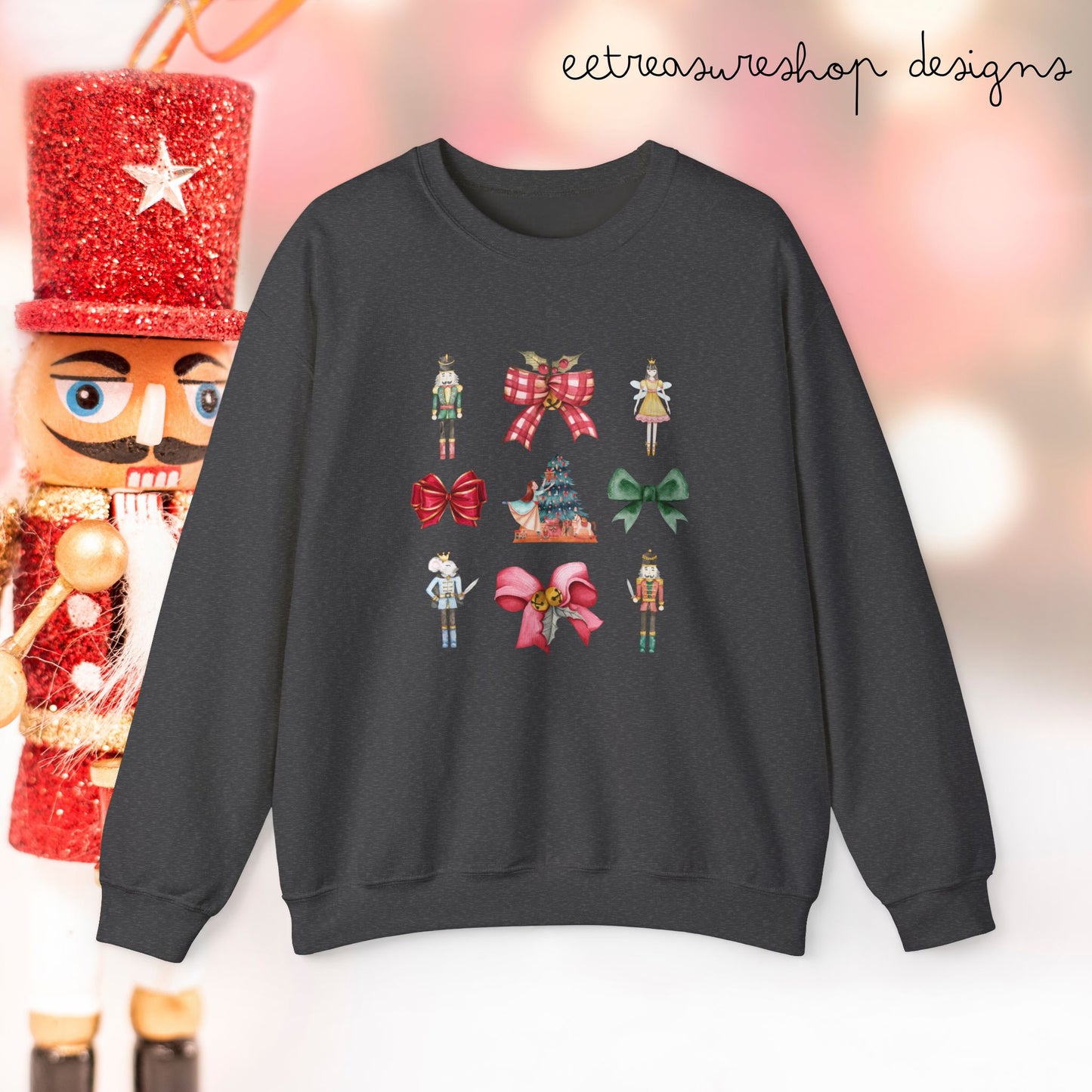 Nutcracker Christmas Bows Sweatshirt, Holiday Crewneck, Festive Xmas Pullover, Winter Sweater Top, Seasonal Clothing