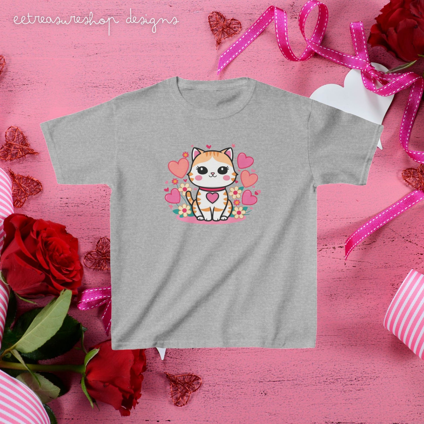 Cute Valentines Day Cat Kids T-Shirt, Children's Gift, Heart Kitty Shirt, Love Kitten Top, Holiday Apparel, Youth Clothing