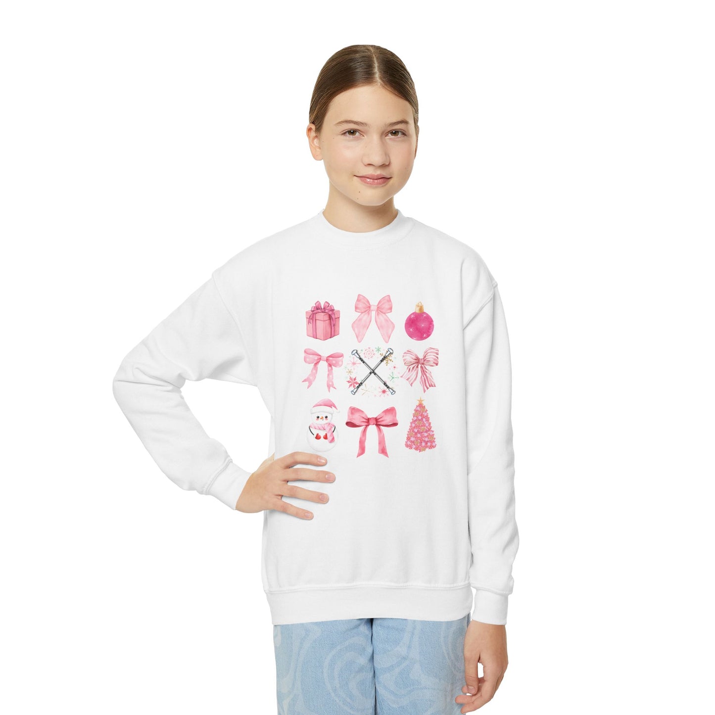 Baton Twirler Christmas Sweatshirt, Pink Bows Design, Holiday Gift for Youth - Girls, Crewneck Jumper, Holiday Clothing, Festive Top