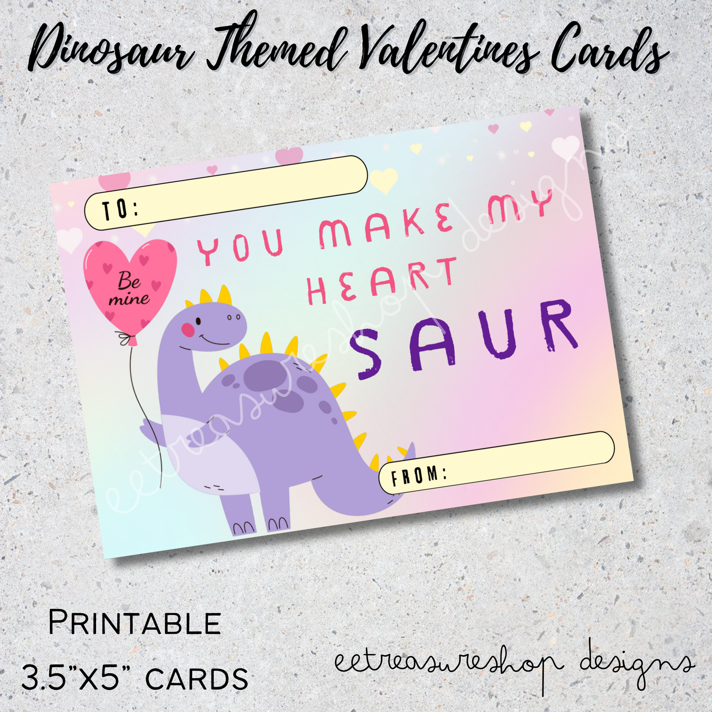 Valentines Day Printable, Dinosaur Themed Valentine Kids Cards, PDF Digital Download, Printable Valentine for Kids