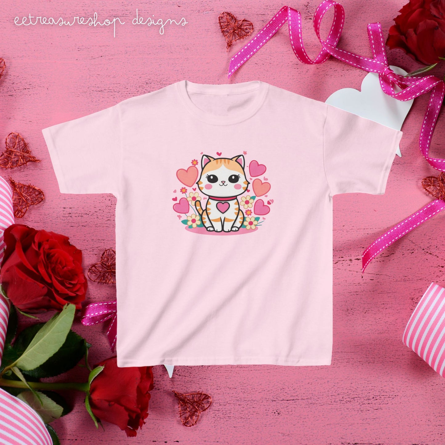 Cute Valentines Day Cat Kids T-Shirt, Children's Gift, Heart Kitty Shirt, Love Kitten Top, Holiday Apparel, Youth Clothing