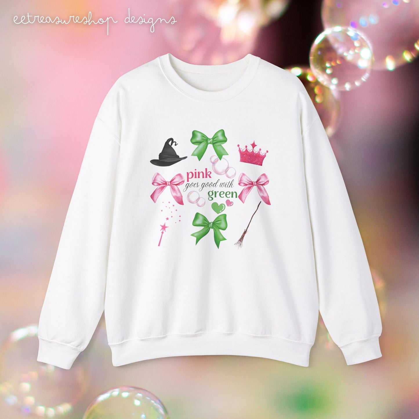 Witchy Crewneck Sweatshirt, Princess Movie Lover Gift, Pink and Green Bows, Musical Theme, Bubbles, Witch Hat