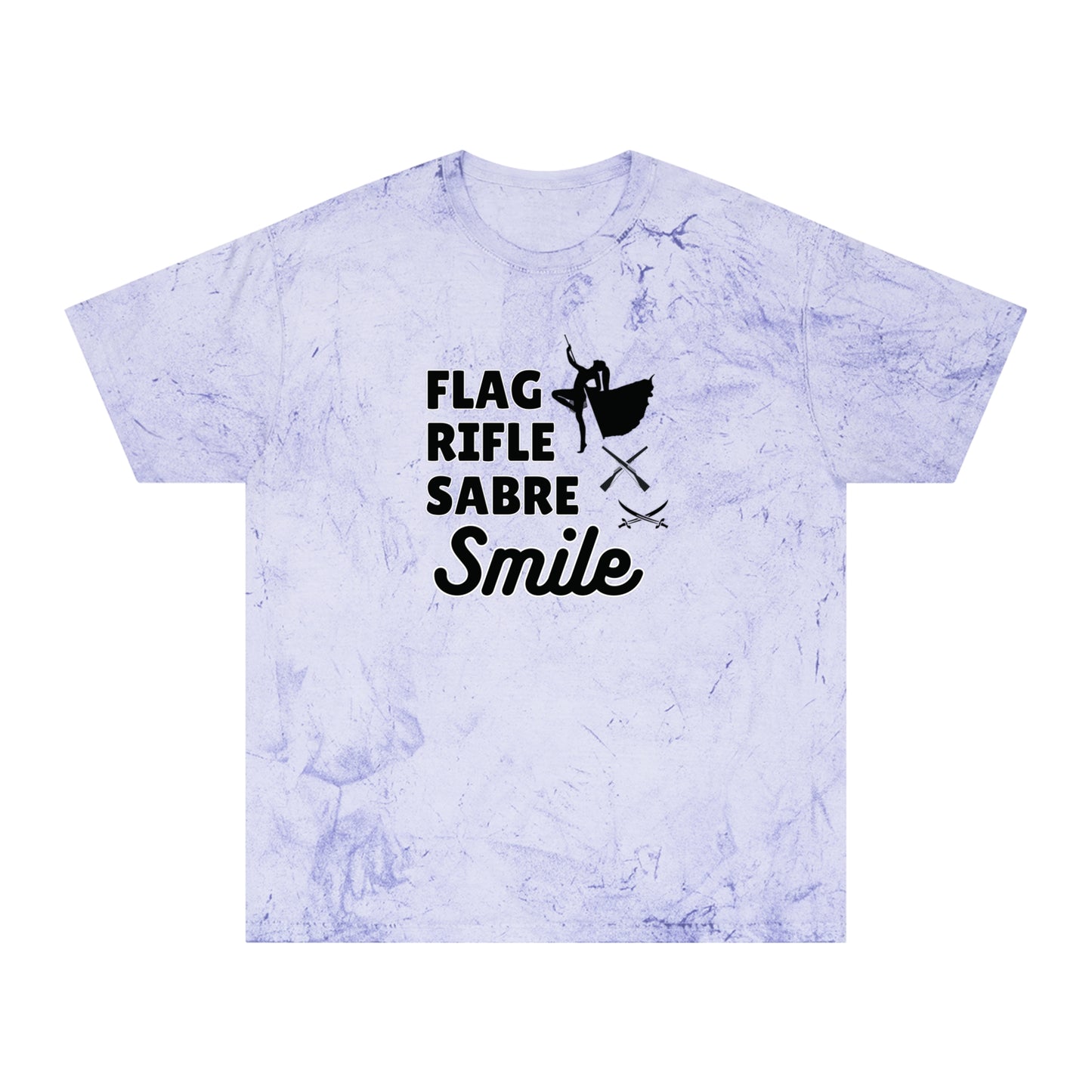 Color Blast T-Shirt, Flag Rifle Sabre Smile, Color Guard Gift, Unisex Graphic Tee, Colorful Marching Band Shirt, Rainbow Collage Top