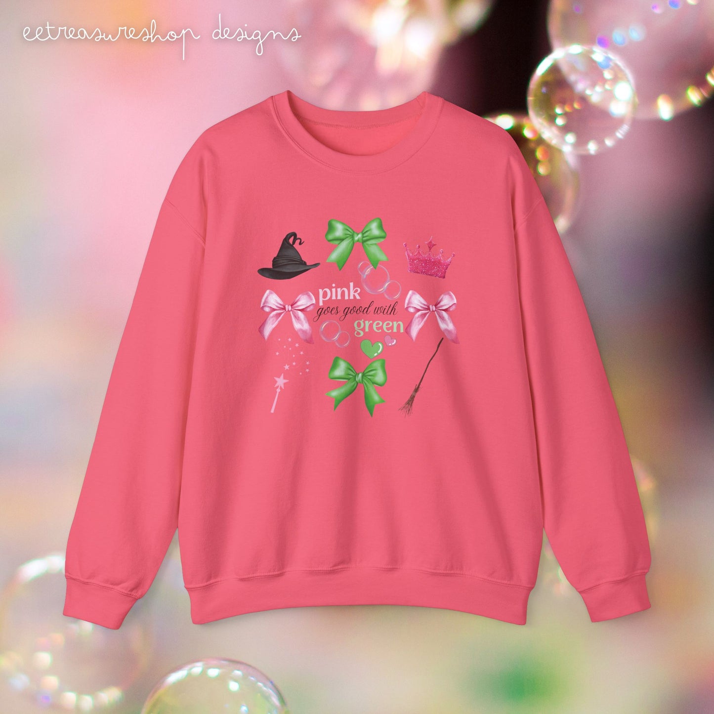 Witchy Crewneck Sweatshirt, Princess Movie Lover Gift, Pink and Green Bows, Musical Theme, Bubbles, Witch Hat