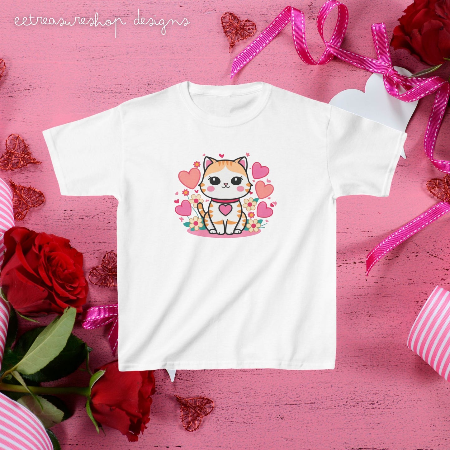 Cute Valentines Day Cat Kids T-Shirt, Children's Gift, Heart Kitty Shirt, Love Kitten Top, Holiday Apparel, Youth Clothing