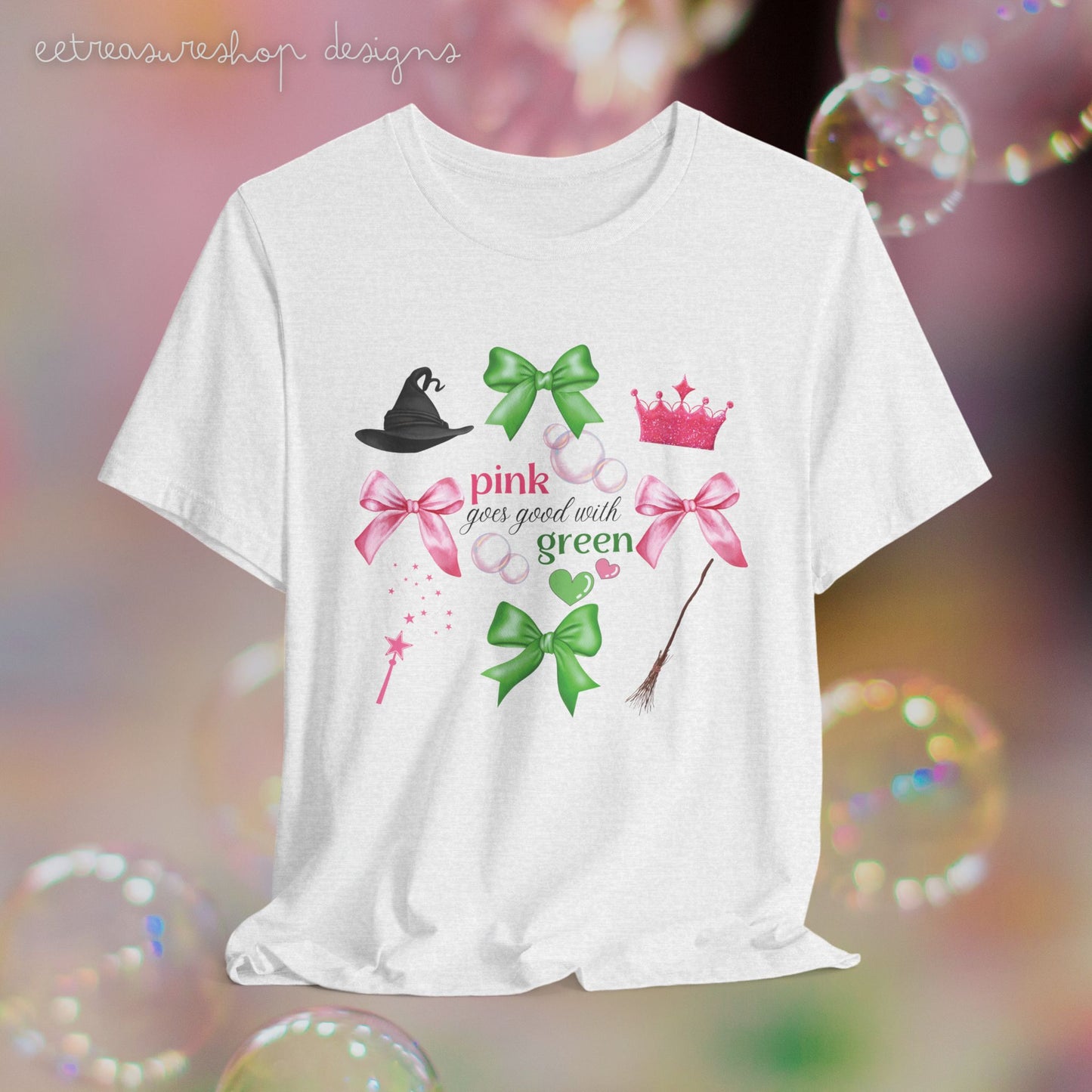 Witch Princess Tee, Pink Green Bows, Musical Fan Gift, Unisex Jersey Shirt, Witch Hat Shirt, Bubble Tee