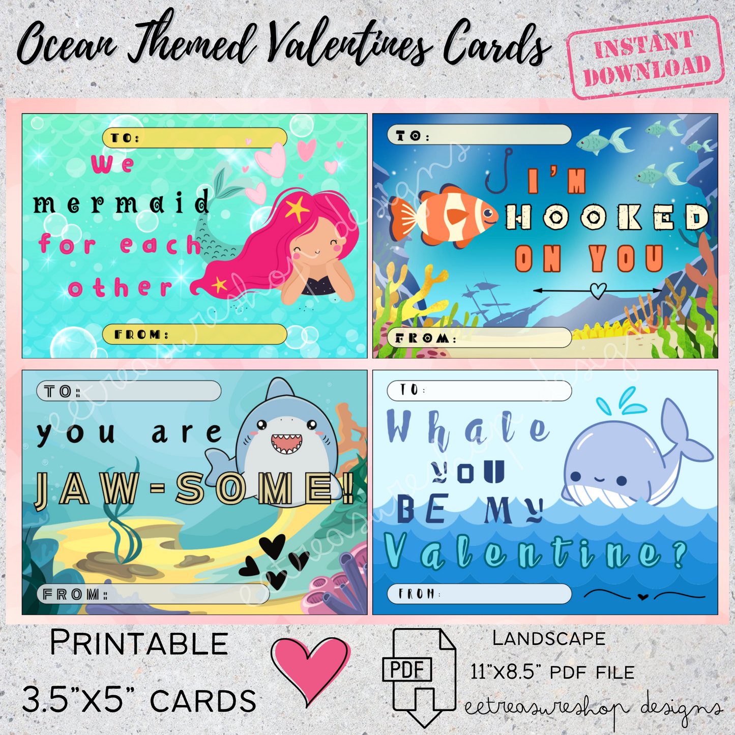 Valentines Day Printable, Ocean Themed Valentine Kids Cards, Fish, Shark, Mermaid, Whale, PDF Digital Download, Printable Valentine for Kids