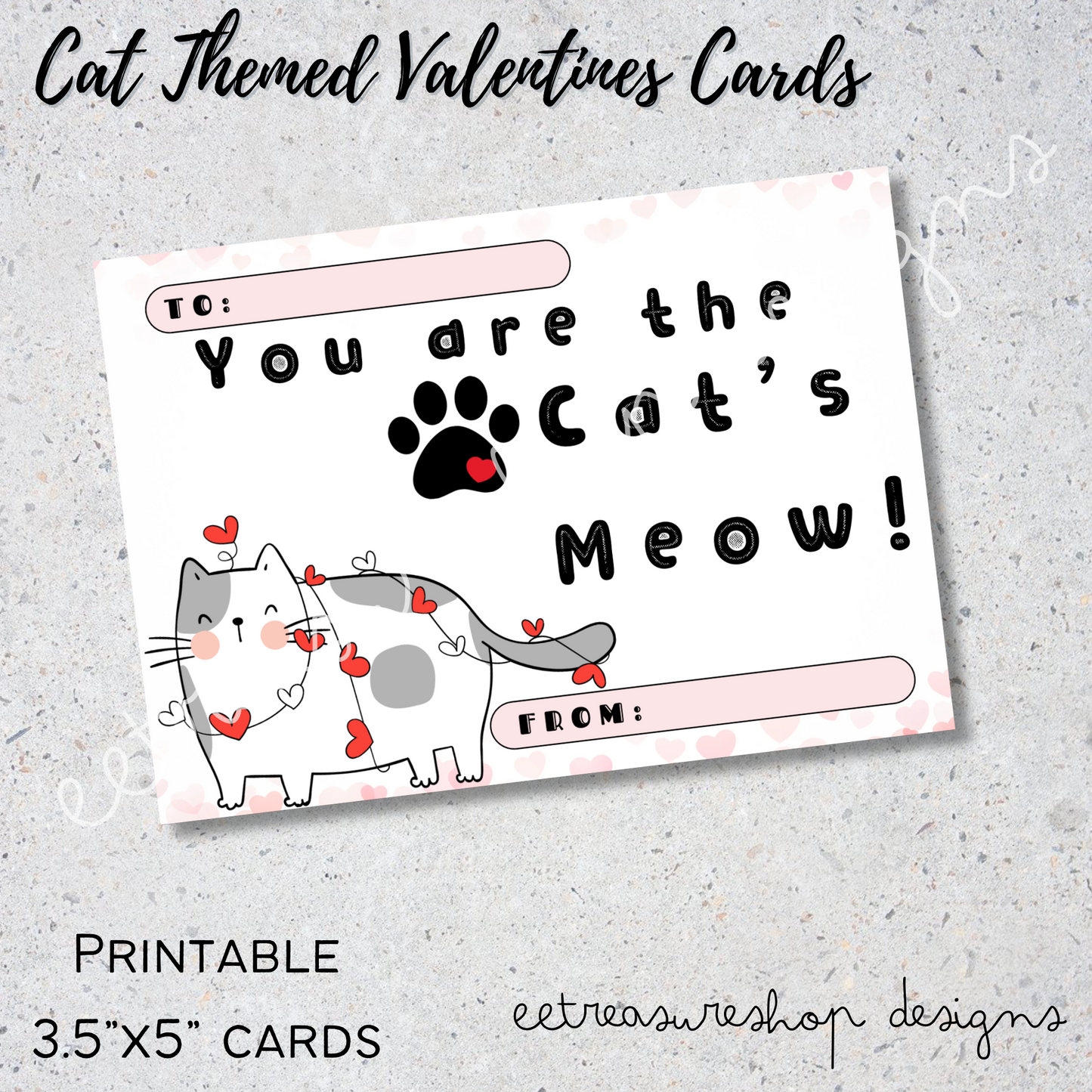 Valentines Day Printable, Cat Themed Valentine Kids Cards, PDF Digital Download, Printable Valentine for Kids