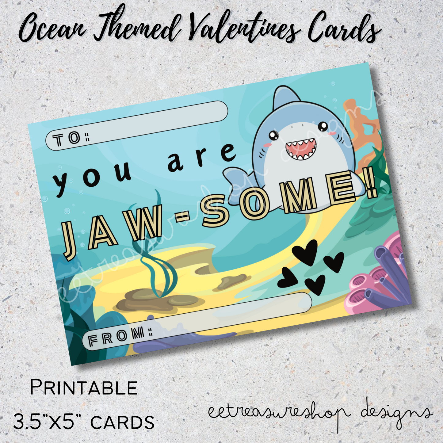 Valentines Day Printable, Ocean Themed Valentine Kids Cards, Fish, Shark, Mermaid, Whale, PDF Digital Download, Printable Valentine for Kids