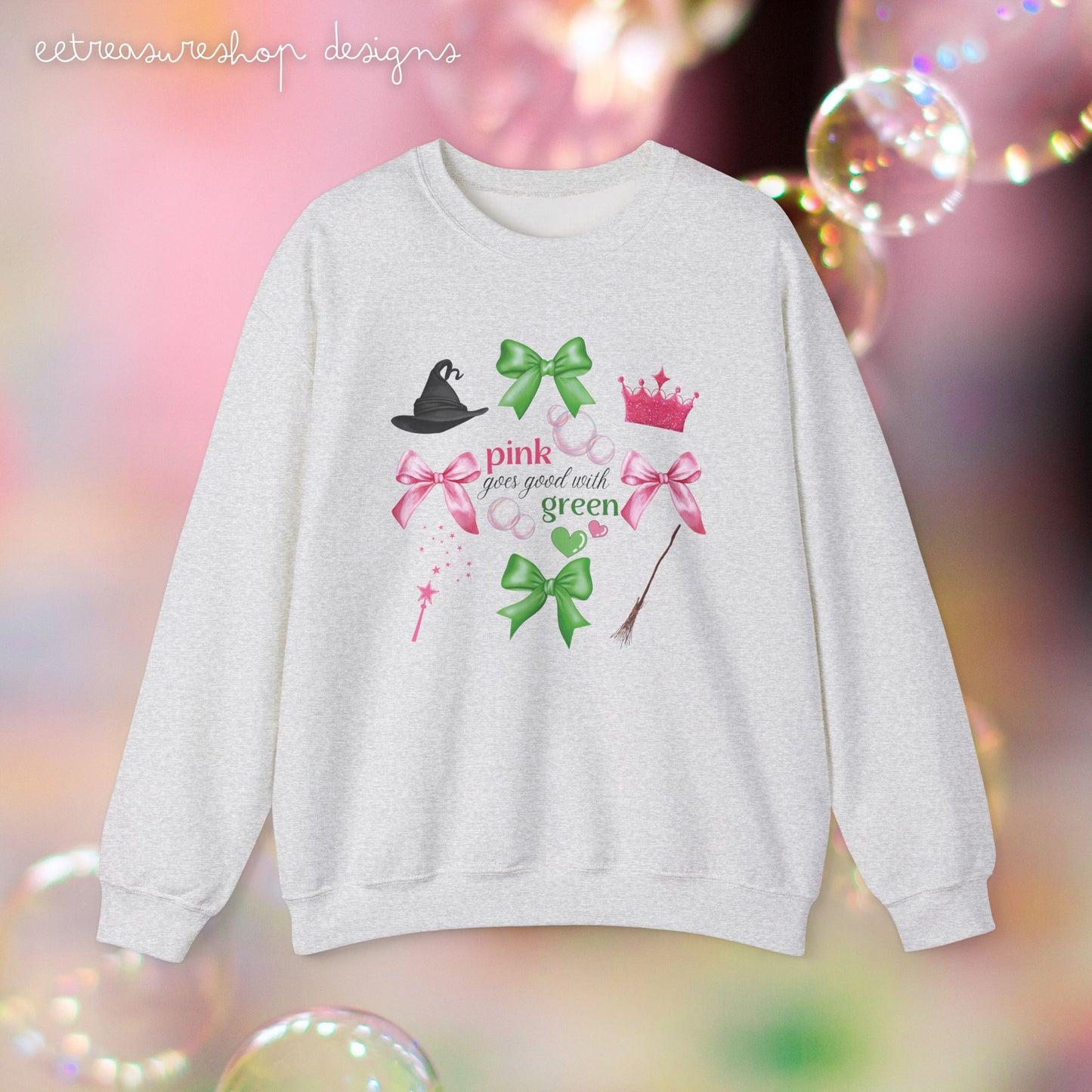 Witchy Crewneck Sweatshirt, Princess Movie Lover Gift, Pink and Green Bows, Musical Theme, Bubbles, Witch Hat