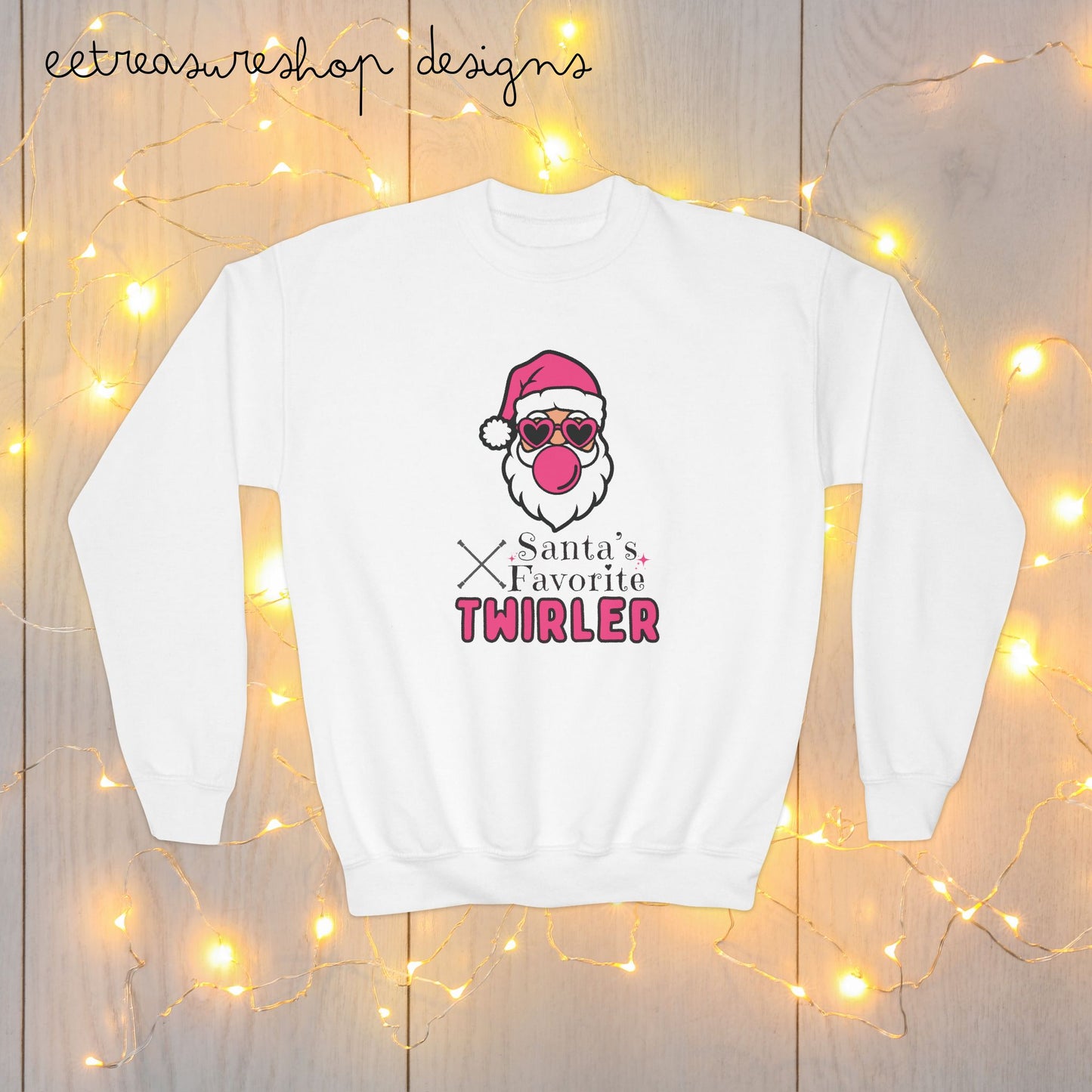 Santa's Favorite Twirler Youth Crewneck Sweatshirt, Christmas Gift for Baton Twirler Daughter, Cute Gift for Twirl Friend