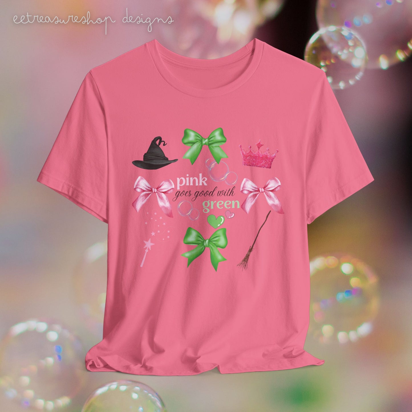 Witch Princess Tee, Pink Green Bows, Musical Fan Gift, Unisex Jersey Shirt, Witch Hat Shirt, Bubble Tee