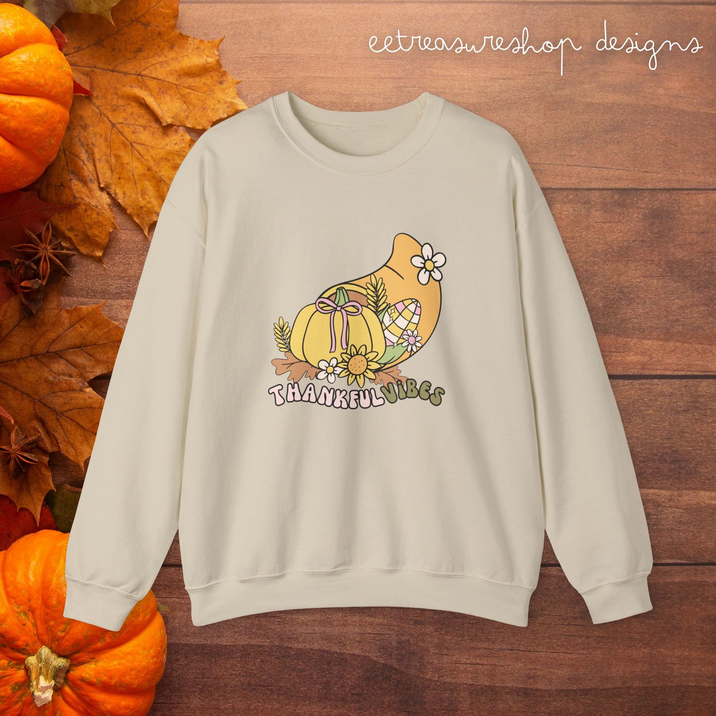 Thankful Vibes Thanksgiving Sweatshirt, Cute Crewneck Jumper, Fun Unisex Pullover, Gratitude Gift, Cozy Fall Apparel