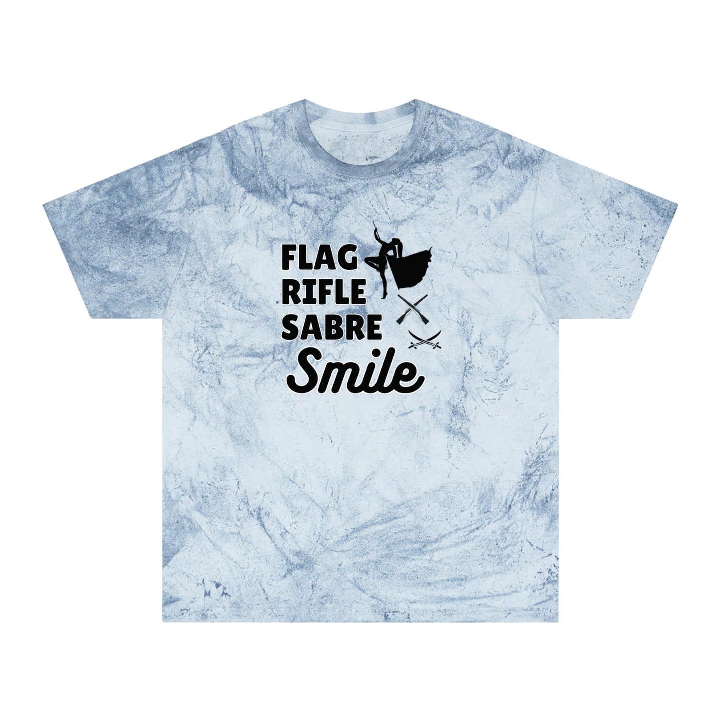 Color Blast T-Shirt, Flag Rifle Sabre Smile, Color Guard Gift, Unisex Graphic Tee, Colorful Marching Band Shirt, Rainbow Collage Top