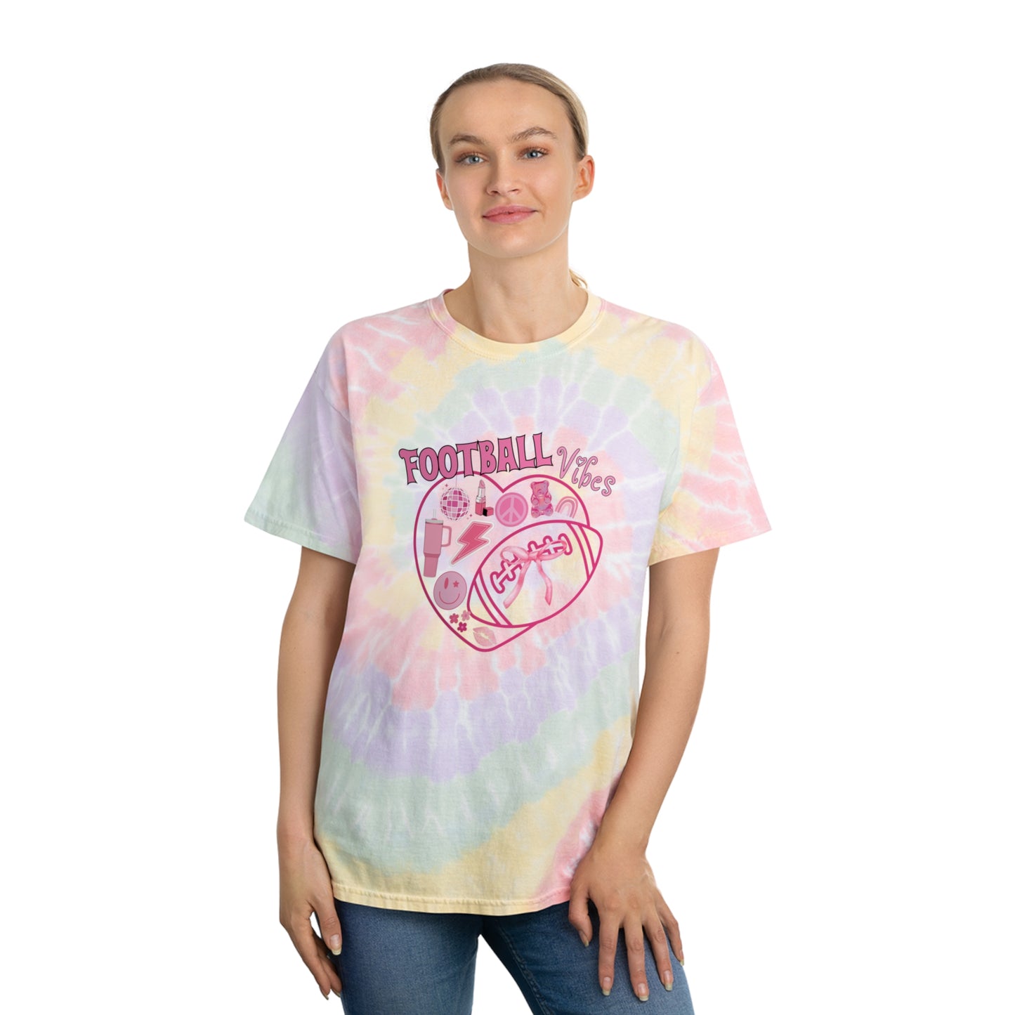 Football Vibes Preppy Spiral Tie-Dye Tee, Birthday Gift for Girly Football Fan Friend