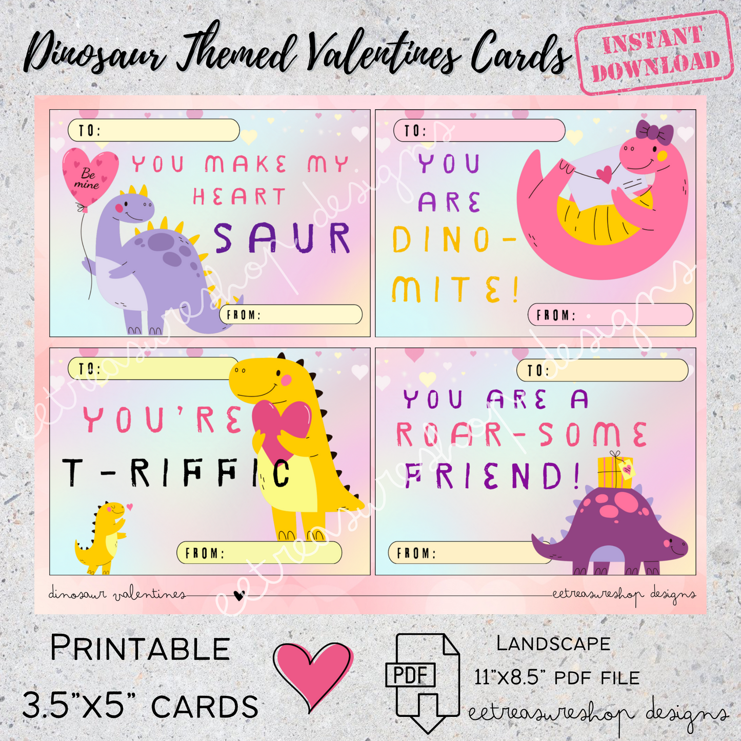 Valentines Day Printable, Dinosaur Themed Valentine Kids Cards, PDF Digital Download, Printable Valentine for Kids