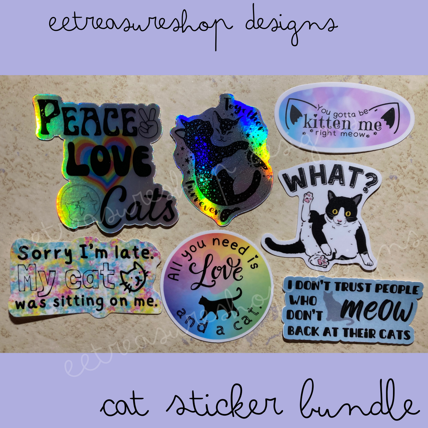 Cat Lover Vinyl Waterproof Stickers, 7 Sticker Bundle