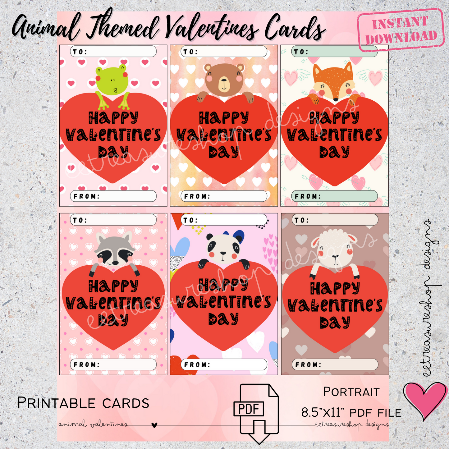 Valentines Day Printable, Animal Themed Valentine Kids Cards, PDF Digital Download, Printable Valentine for Kids