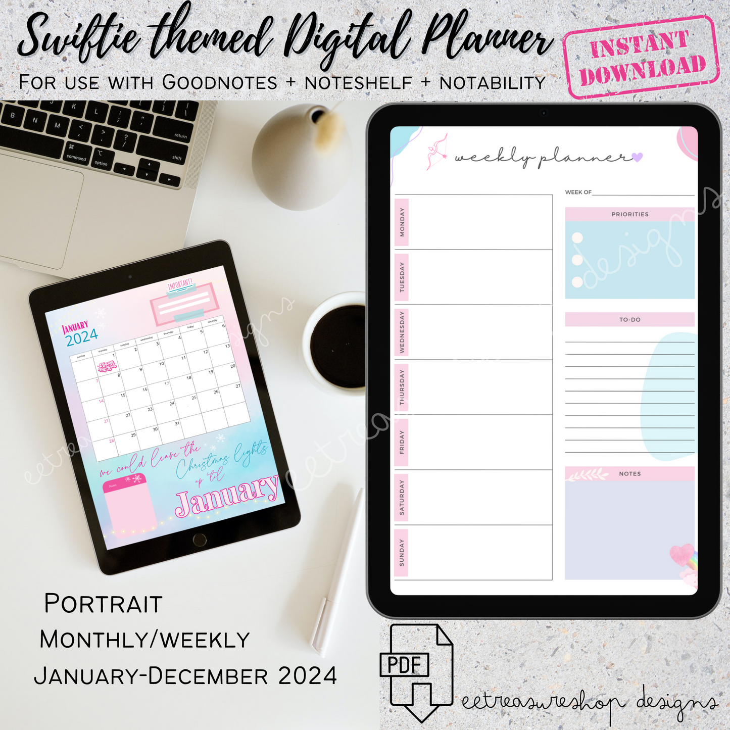 Swiftie Themed 2024 Digital Planner PDF for GoodNotes, Notability, iPad Tablet Monthly Weekly Planner, Taylor Swift Inspired Calendar