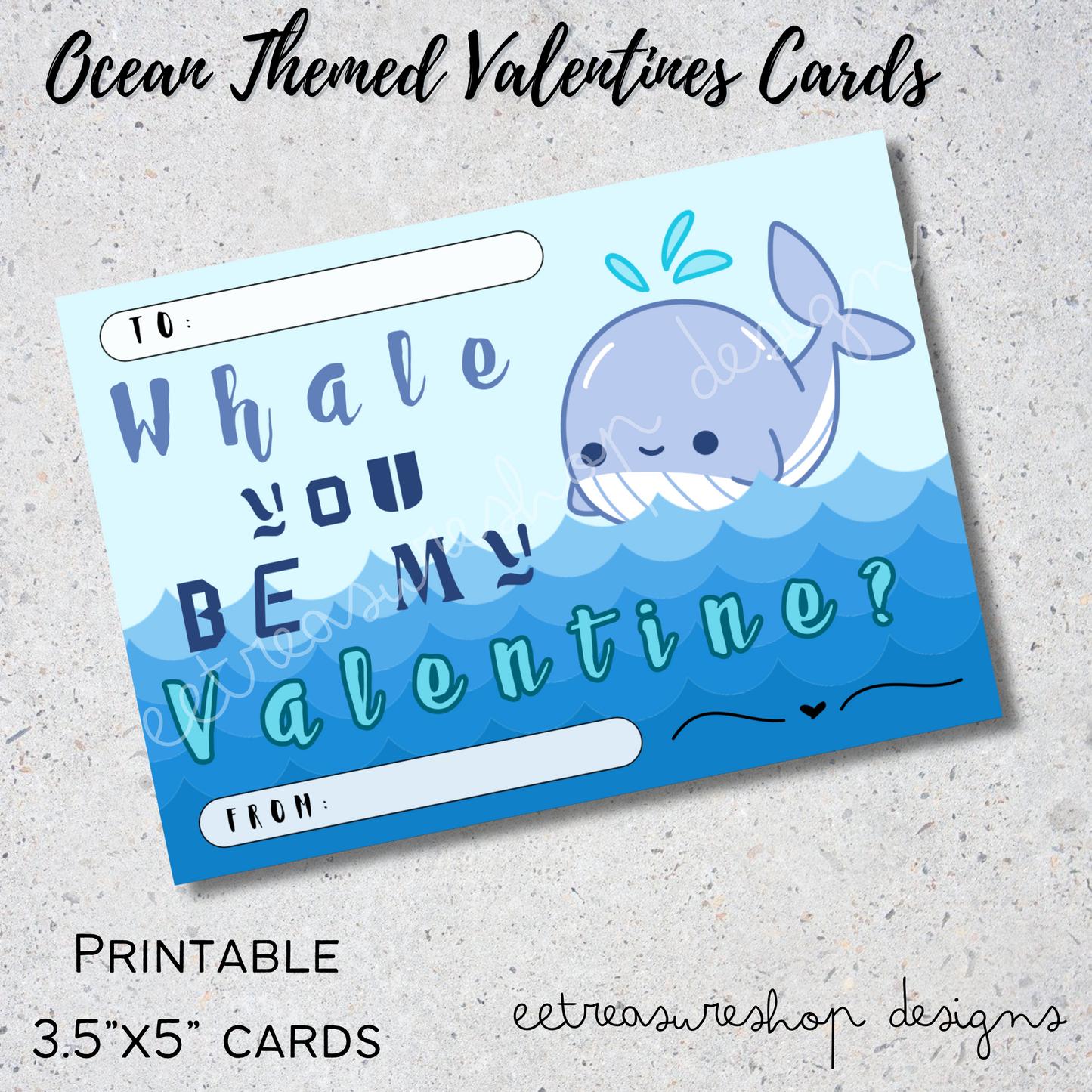 Valentines Day Printable, Ocean Themed Valentine Kids Cards, Fish, Shark, Mermaid, Whale, PDF Digital Download, Printable Valentine for Kids
