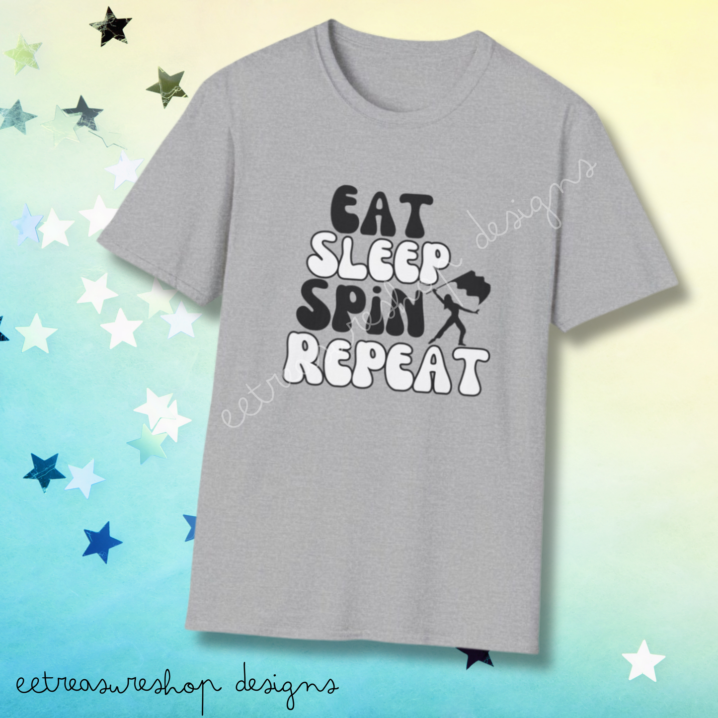 Eat Sleep Spin Repeat Color Guard Unisex Softstyle Gildan T-Shirt, Birthday Gift for Color Guard Friend
