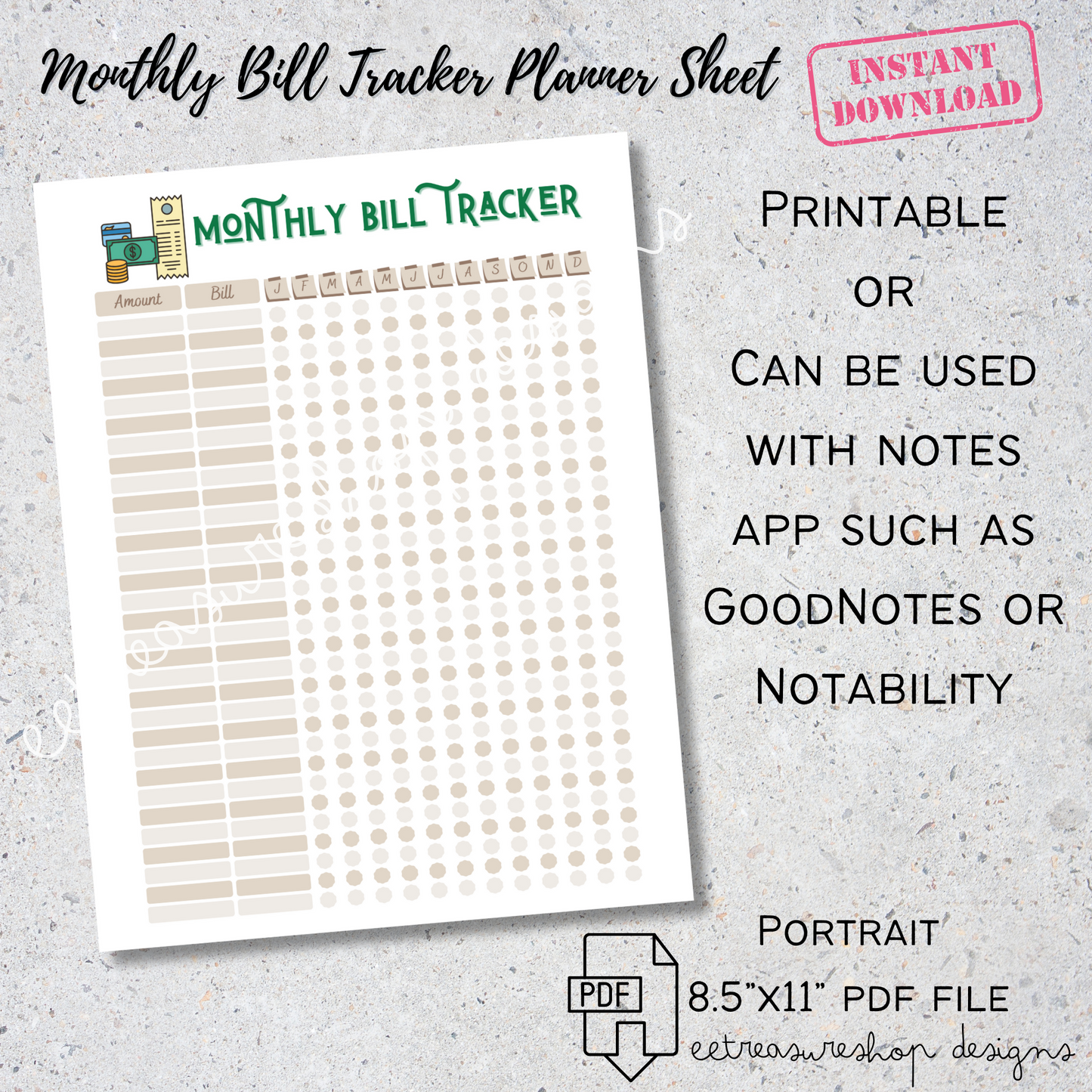Monthly Bill Tracker Sheet Printable PDF, Budget Planner Digital Download, GoodNotes Budget Sheet, iPad Budget Planner