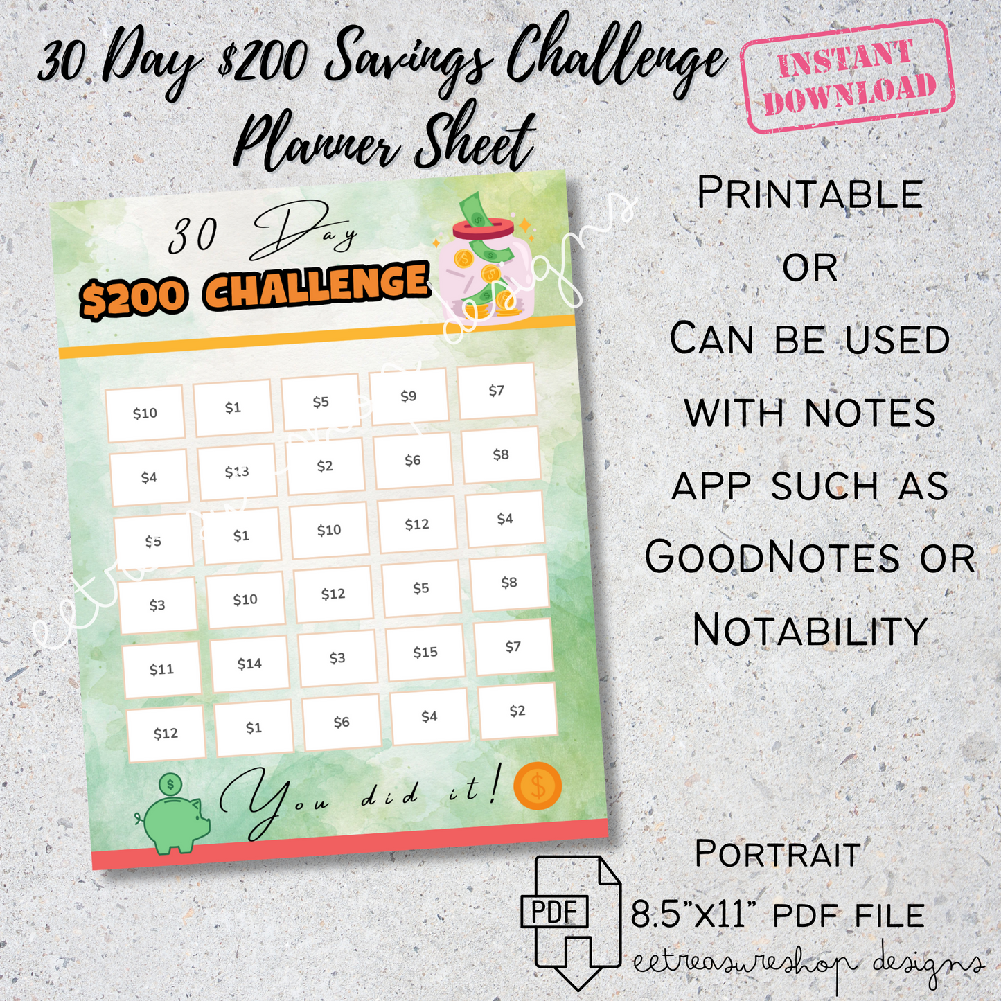 Saving 30 Day Challenge Planner Printable PDF, Savings Tracker Planner Digital Download, GoodNotes Budget Planner, iPad Budget Planner