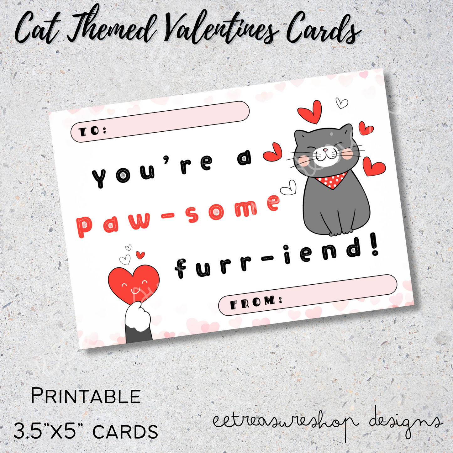 Valentines Day Printable, Cat Themed Valentine Kids Cards, PDF Digital Download, Printable Valentine for Kids