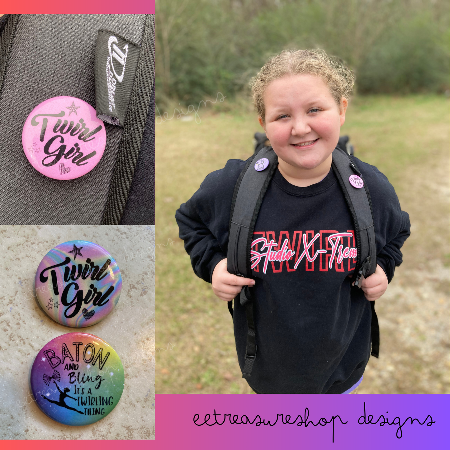 Baton and Bling Twirler Pinback Button, Baton Twirling Pin