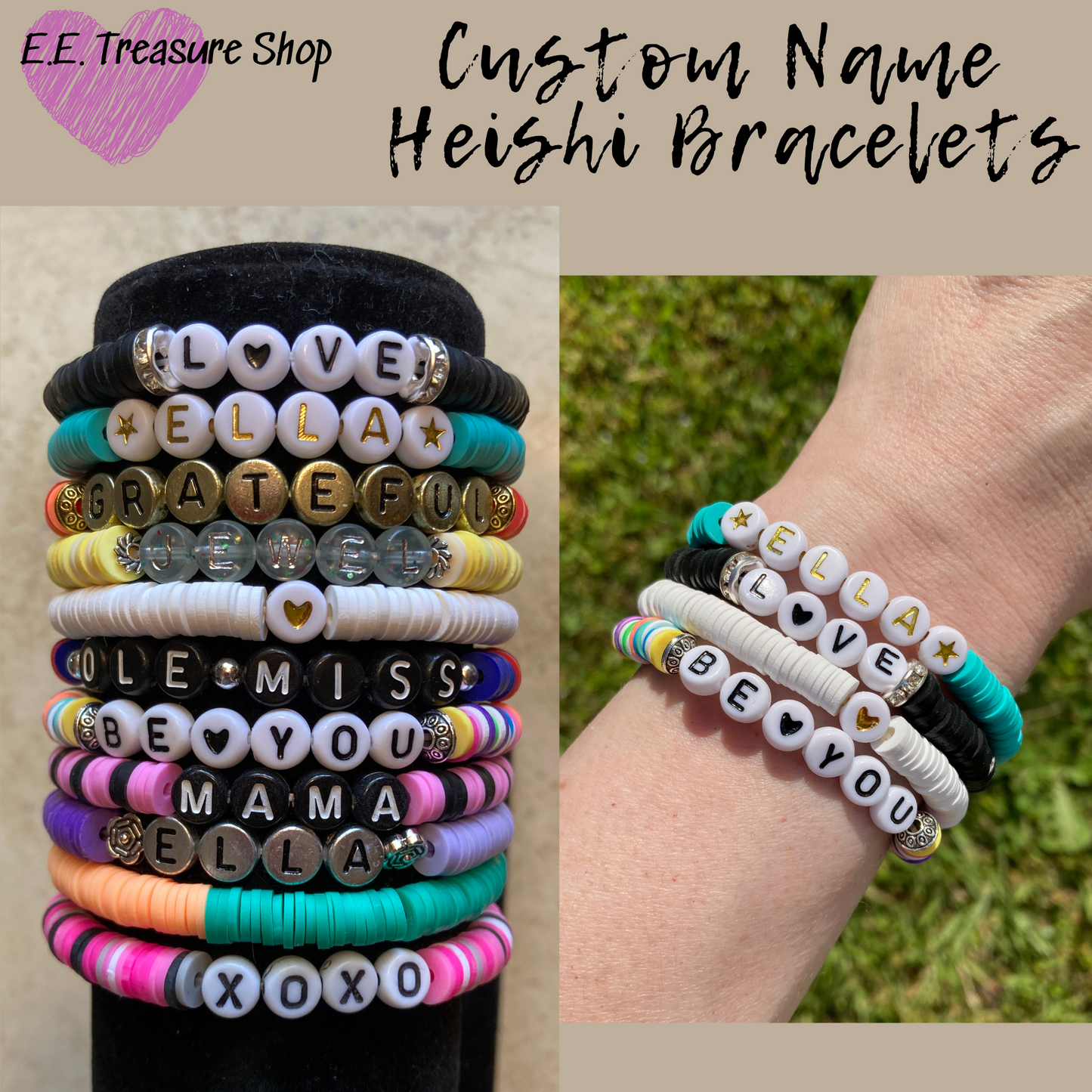 Custom Name Heishi Bracelet, Multi Color Polymer Disc Bead Bracelet