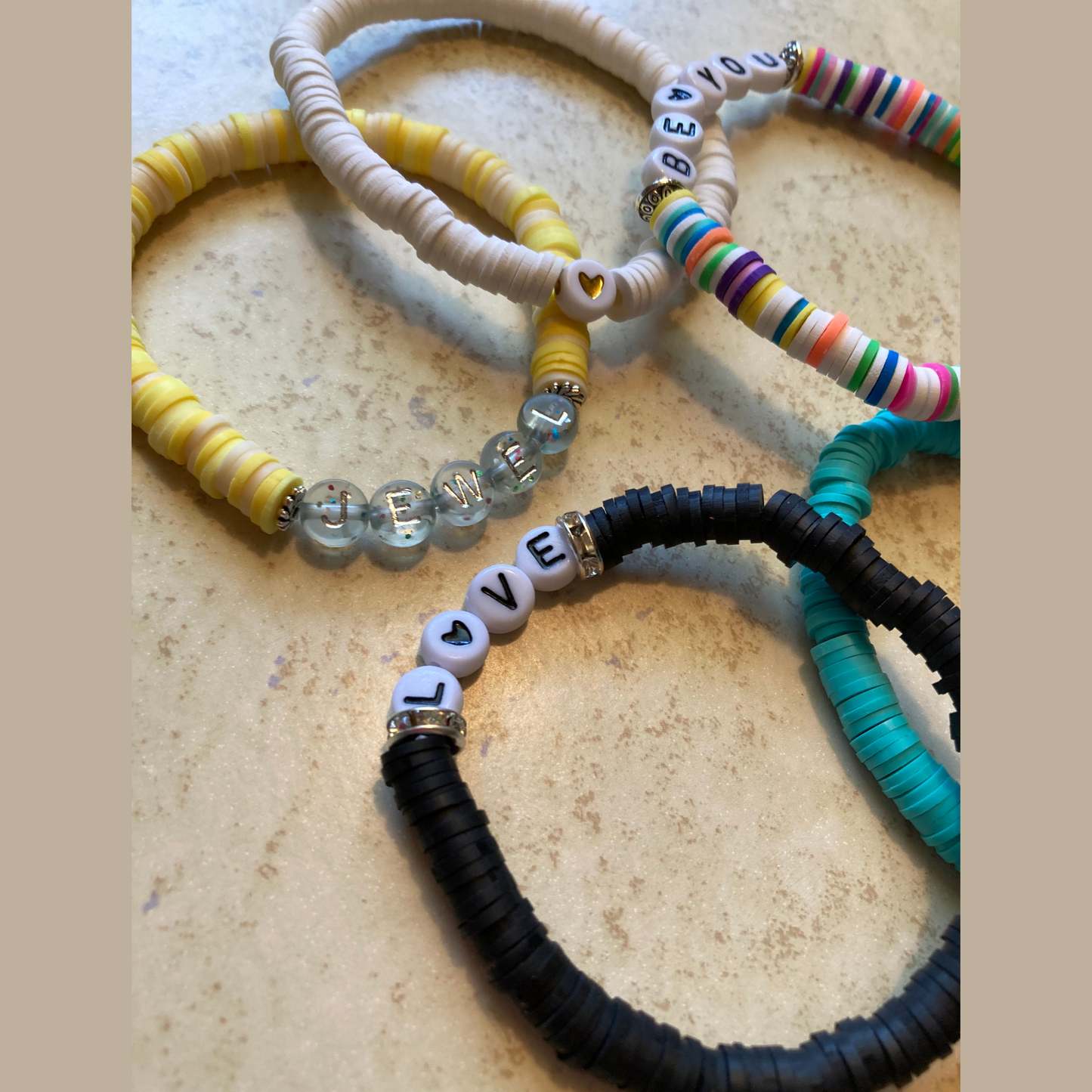 Custom Name Heishi Bracelet, Multi Color Polymer Disc Bead Bracelet