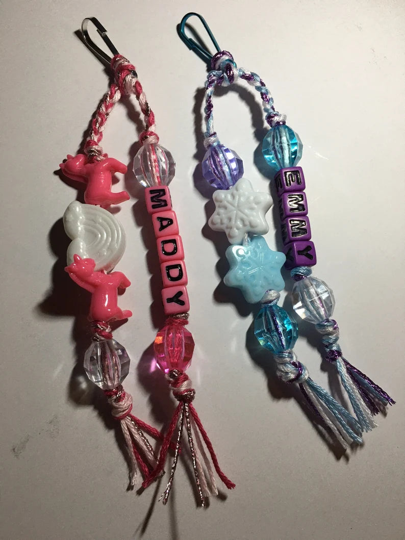 Custom Name Thread and Bead Backpack Zipper Charm, Fun Themes
