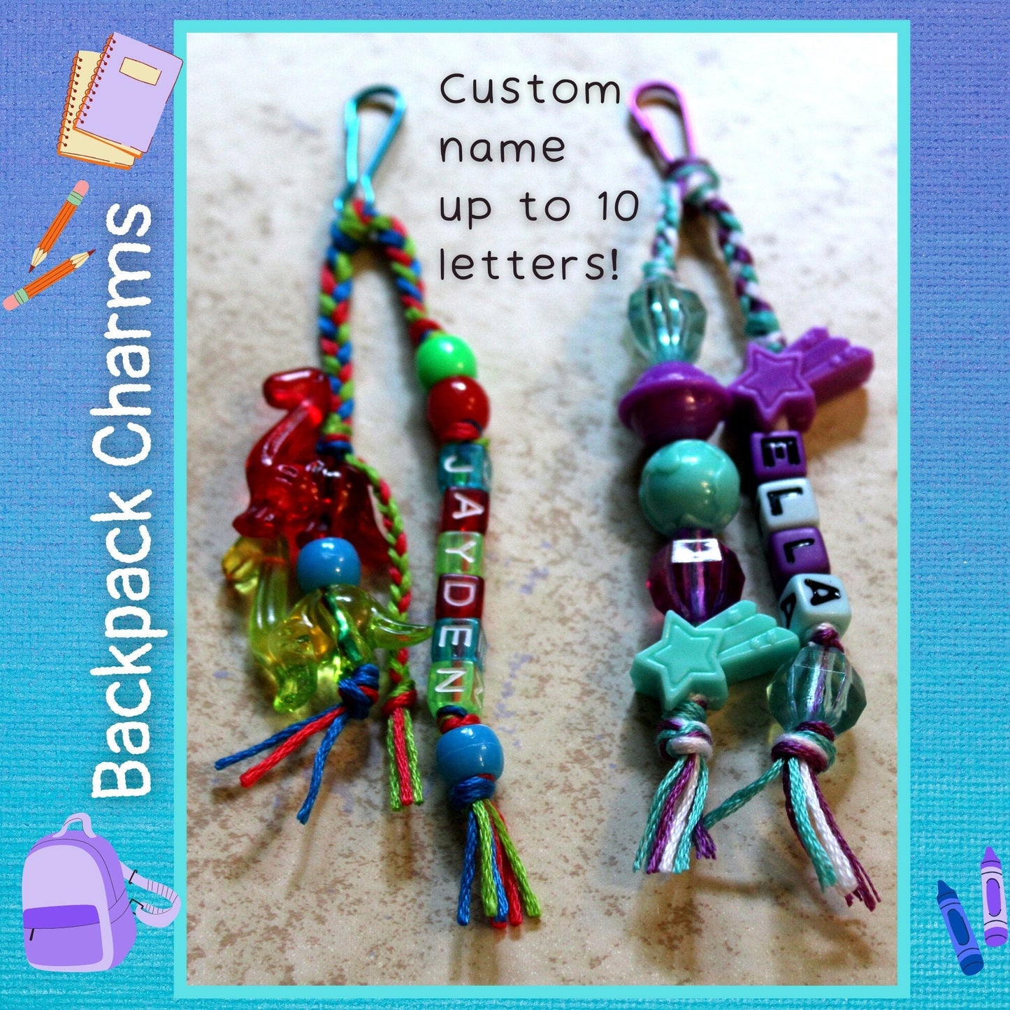 Custom Name Thread and Bead Backpack Zipper Charm, Fun Themes