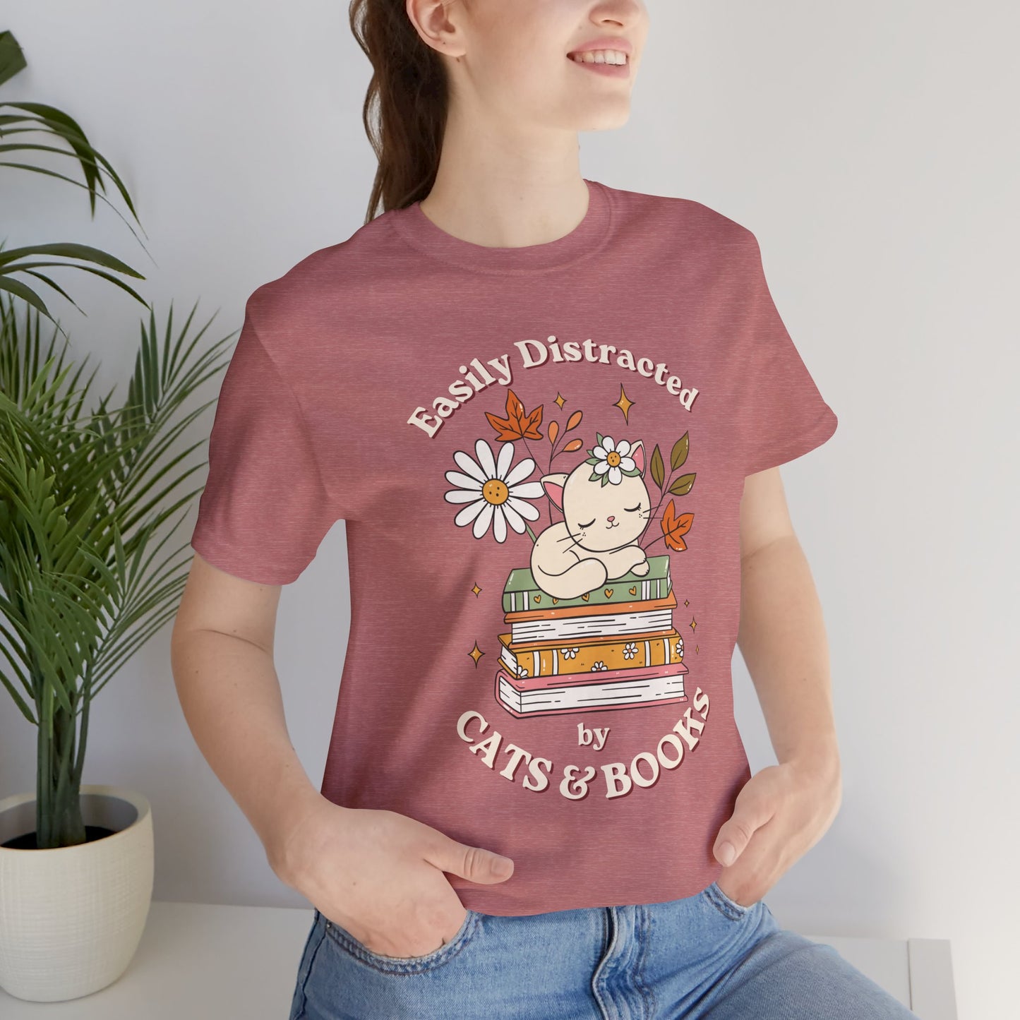 Easily Distracted by Cats & Books Fall T-Shirt | Cute Cat Book Lover Tee