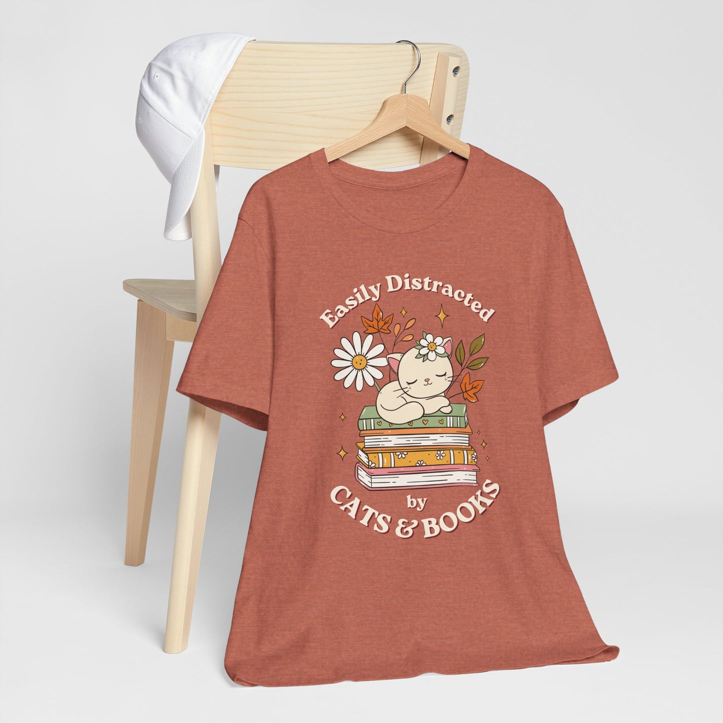 Easily Distracted by Cats & Books Fall T-Shirt | Cute Cat Book Lover Tee