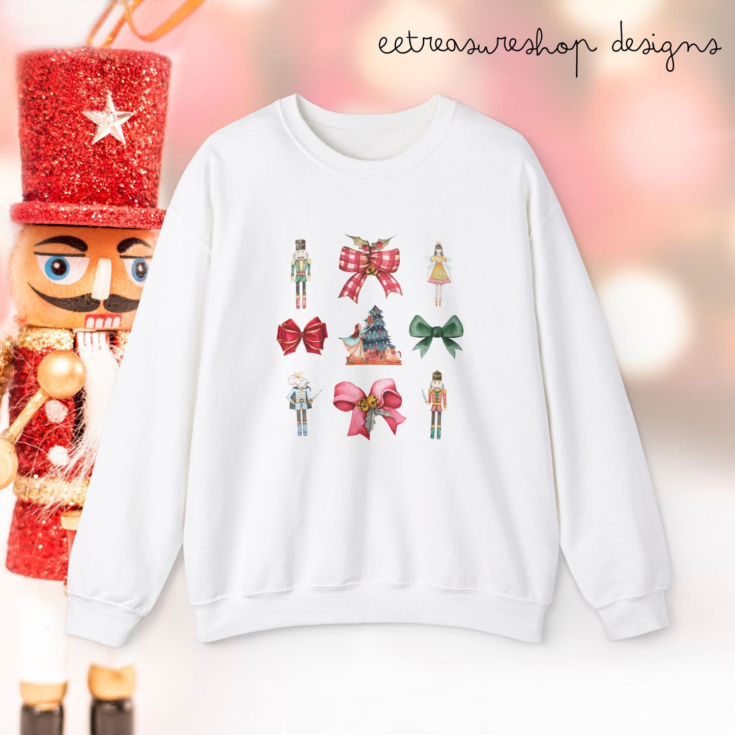 Nutcracker Christmas Bows Sweatshirt, Holiday Crewneck, Festive Xmas Pullover, Winter Sweater Top, Seasonal Clothing