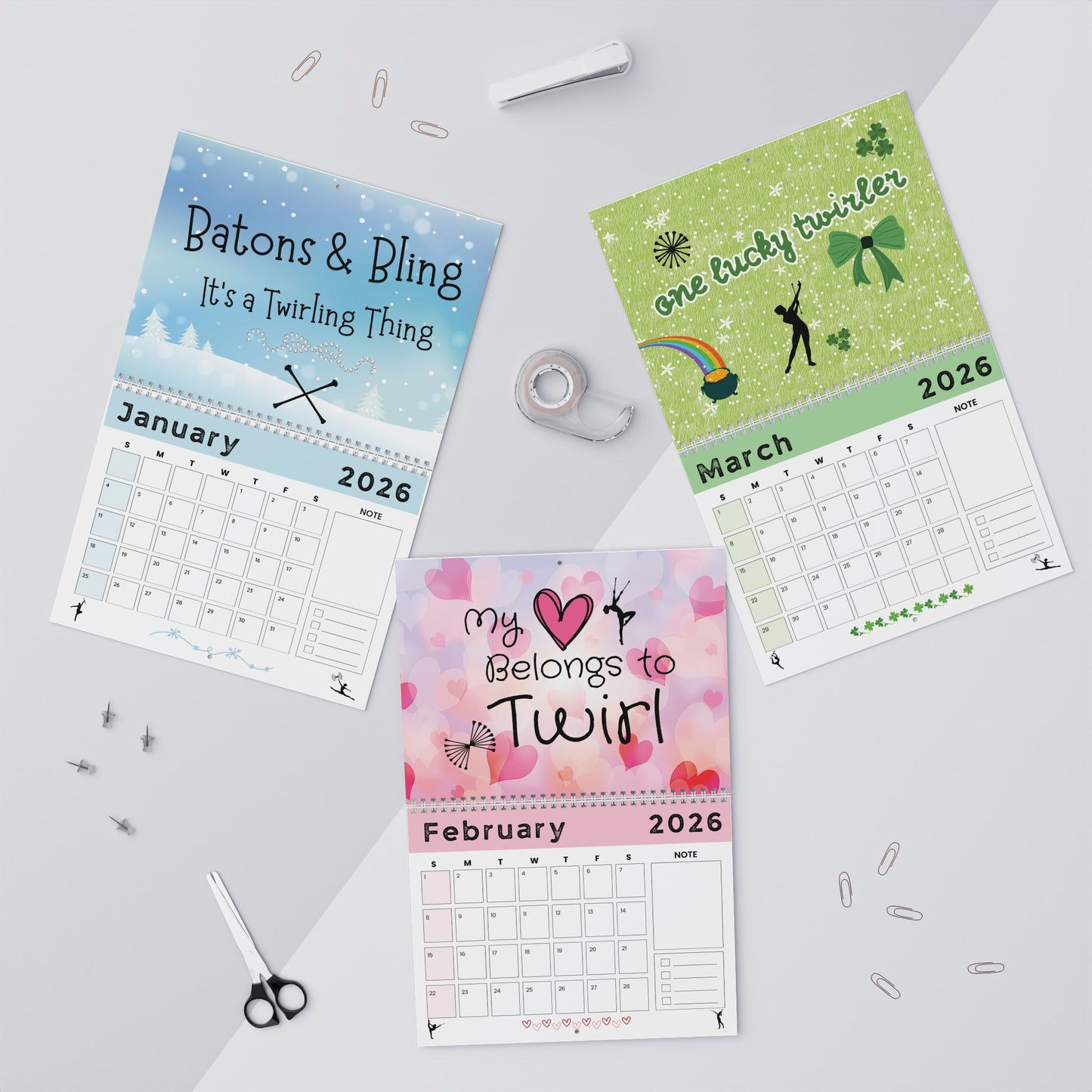 Twirl Girl 2026 Wall Calendar, Christmas Gift for Baton Twirler, Holiday Gift for Majorette, Baton Twirler Calendar, Twirl Coach Gift