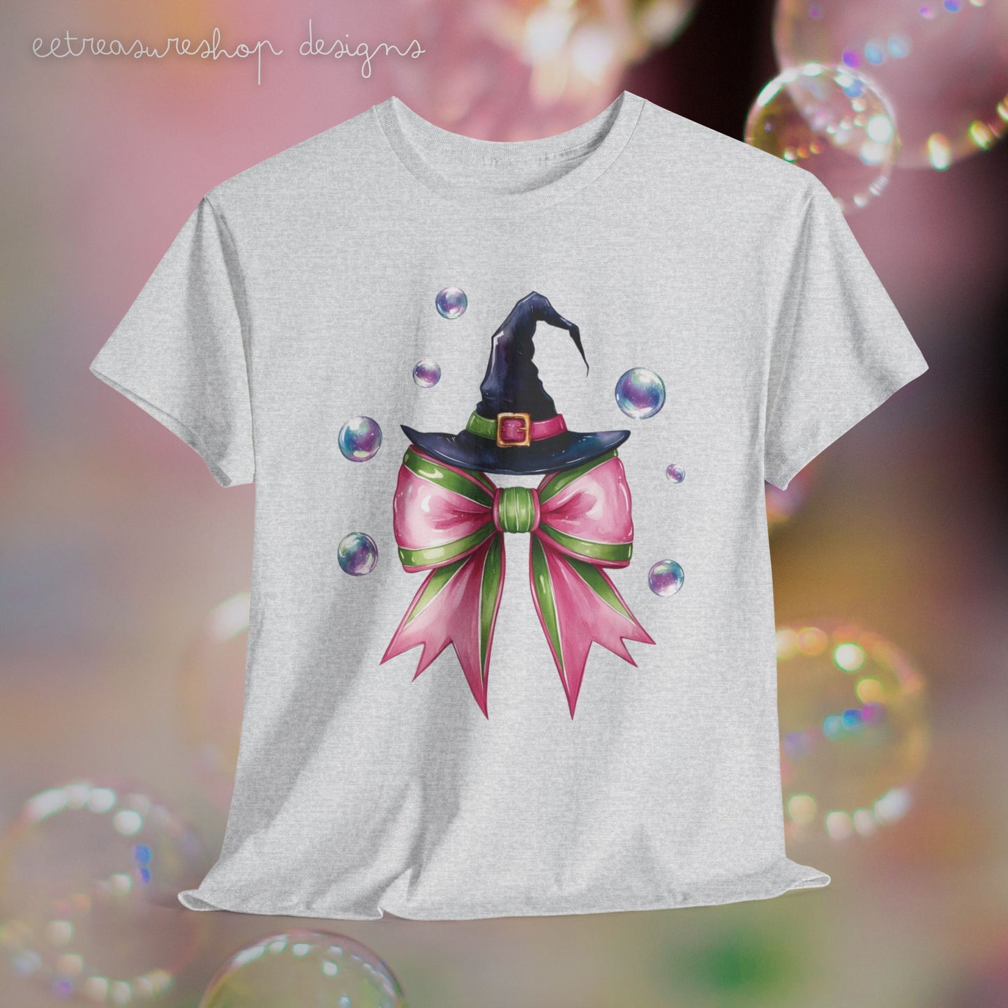 Witch Hat Tee, Musical Movie Theme, Pink Green Bow with Bubbles, Unisex T-Shirt, Halloween Gift, Magic Fan Shirt, Movie Lover Gift