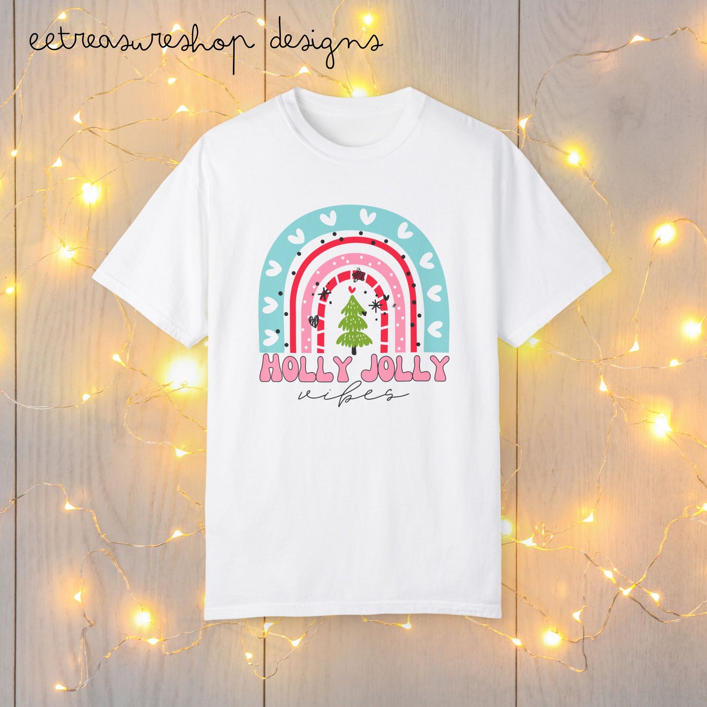 Holly Jolly Vibes T-shirt, Rainbow Christmas Shirt, Cute Holiday Tee, Festive Xmas Top, Comfort Colors Garment-Dyed Shirt