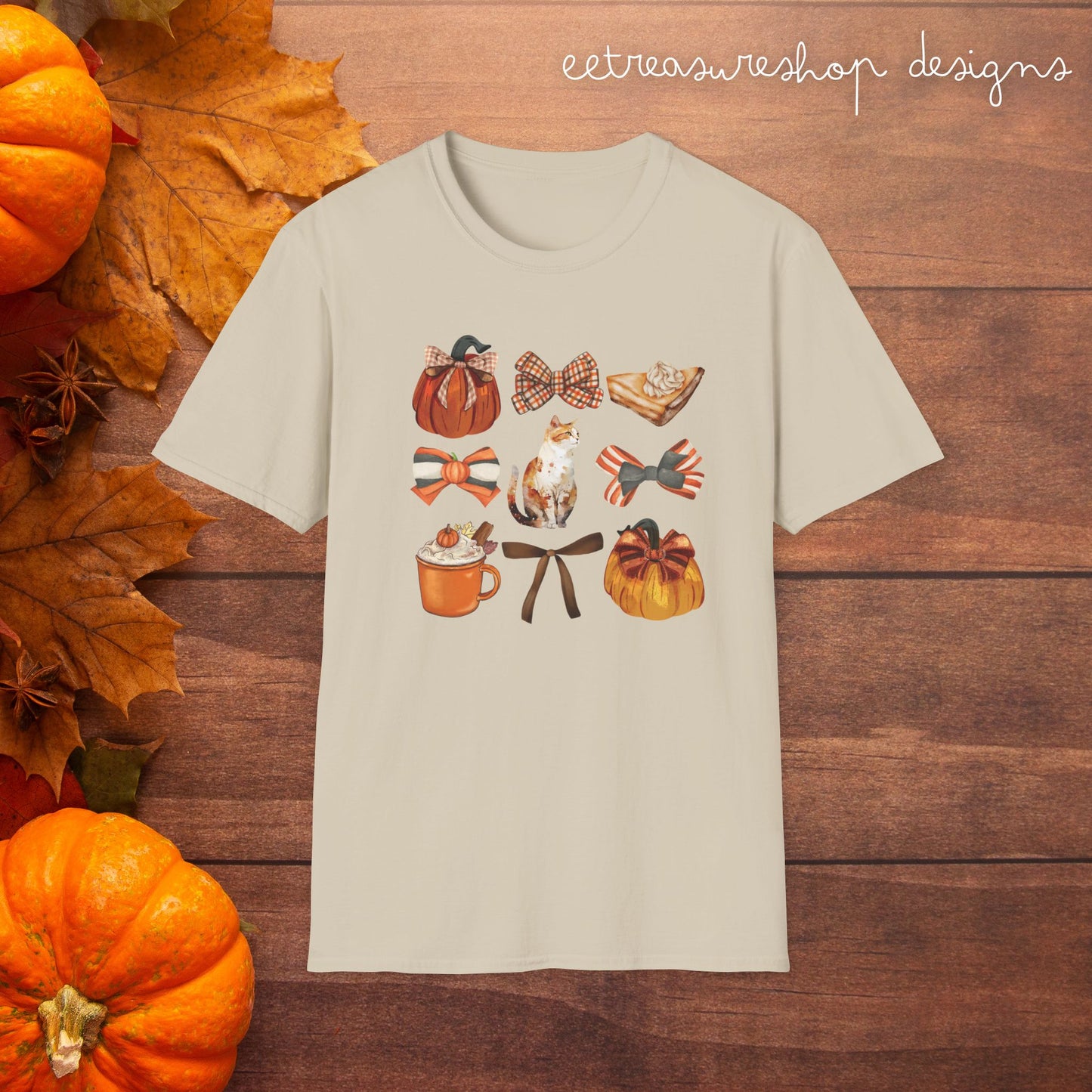 Cat Thanksgiving T-Shirt, Autumn Bows Tee, Fall Holiday Shirt, Cute Kitten Top, Softstyle Tee for Friendsgiving