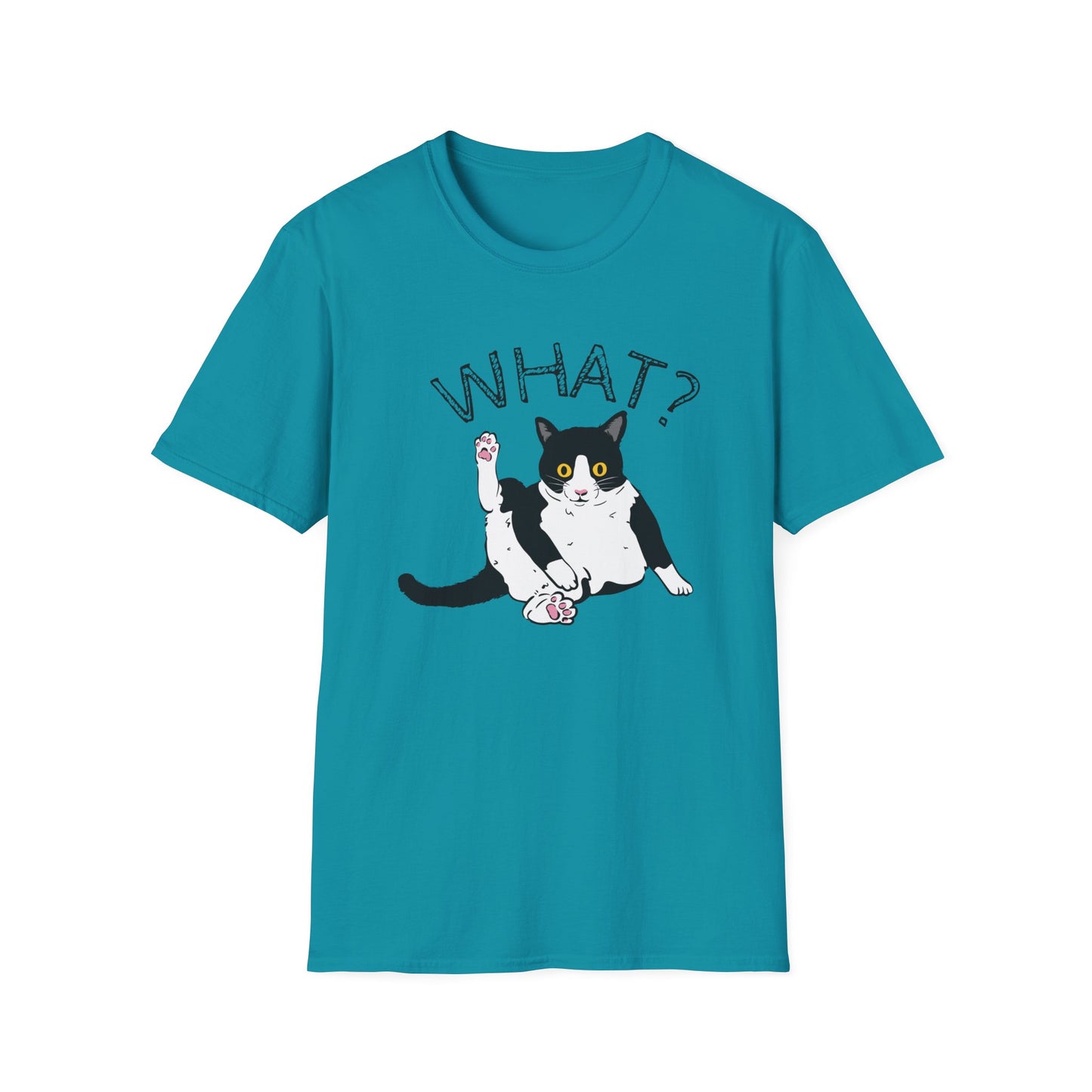 What Funny Tuxedo Cat Unisex Softstyle Gildan T-Shirt, Funny Cat Lover Tee, Birthday Gift for Cat Mom, Funny Gift for Cat Lover